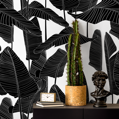 Wallpaper Peel and Stick Wallpaper Removable Wallpaper Home Decor  / Black and White Banana Leaf Wallpaper Tropical boho Wallpaper - B097