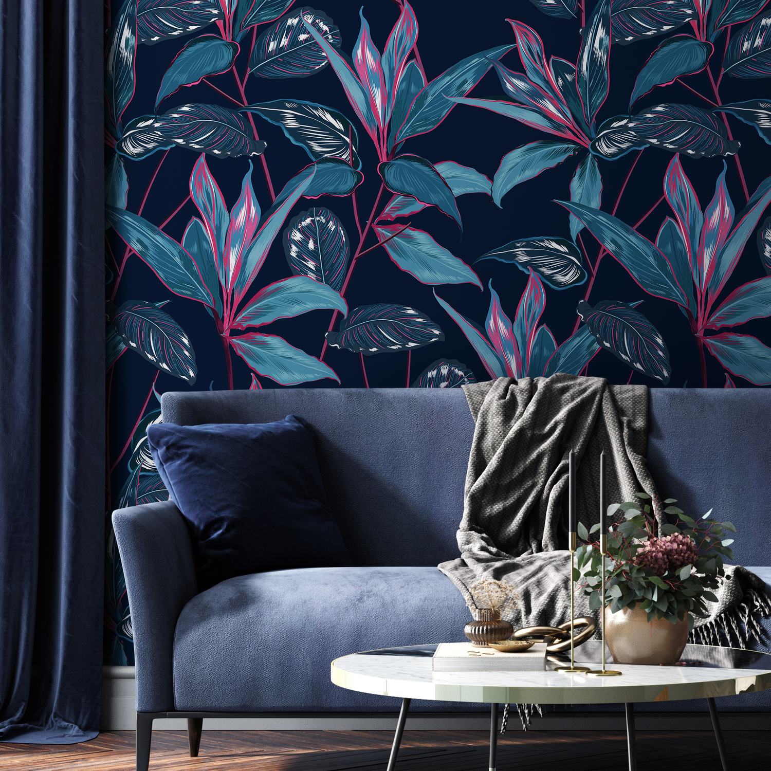 Botanical Wallpaper Featuring Tropical Leaves in Navy, Teal, and Magenta - B100