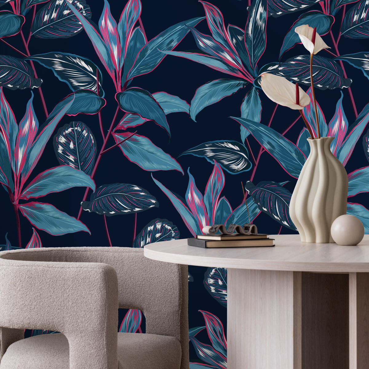 Botanical Wallpaper Featuring Tropical Leaves in Navy, Teal, and Magenta - detail view