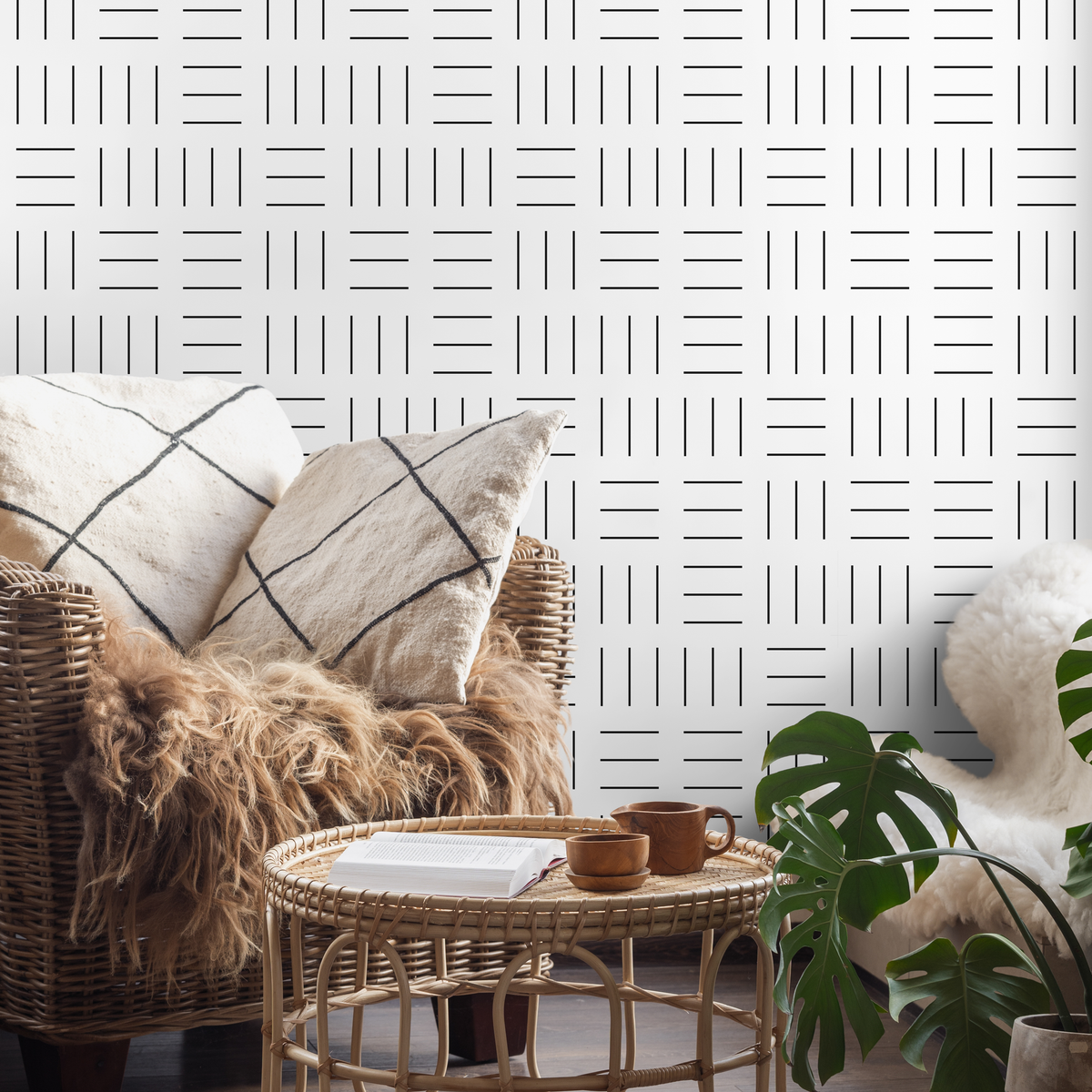 Geometric Wallpaper with an Alternating Line Pattern in Black and White - detail view