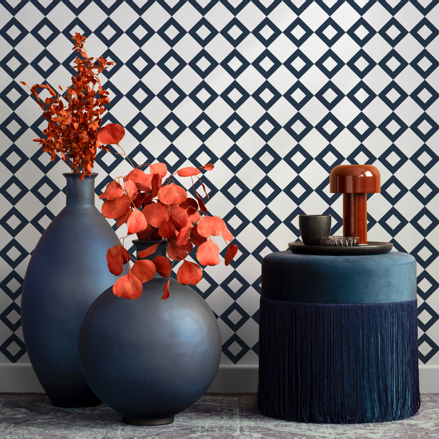 Geometric Wallpaper Featuring a Minimalist Diamond Grid in Blue and White - B107