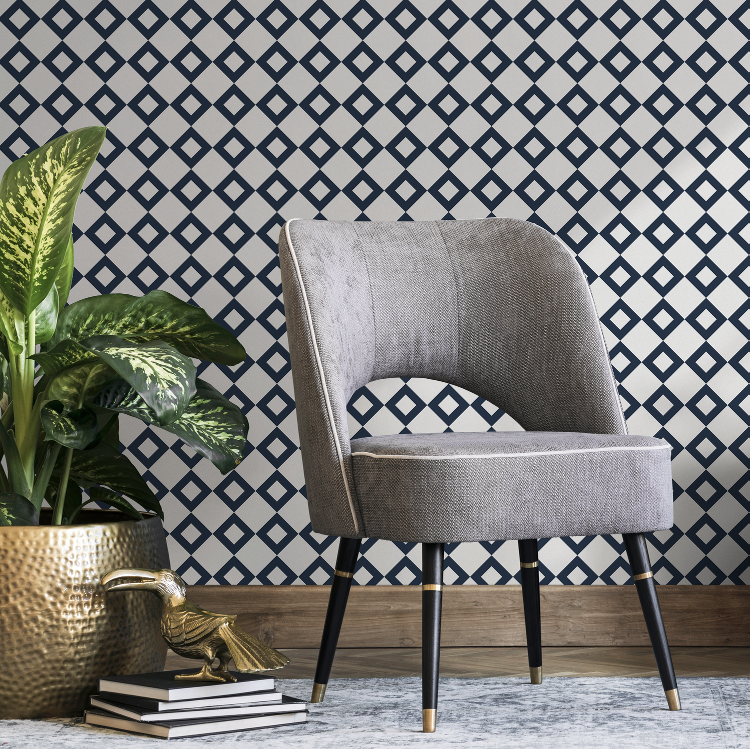 Geometric Wallpaper Featuring a Minimalist Diamond Grid in Blue and White - B107