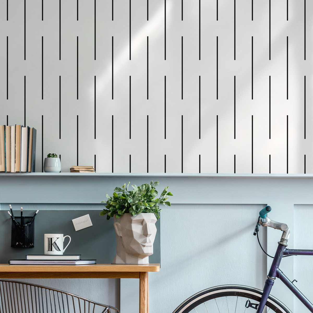 Minimalist Wallpaper with Broken Vertical Lines in Black and White - detail view
