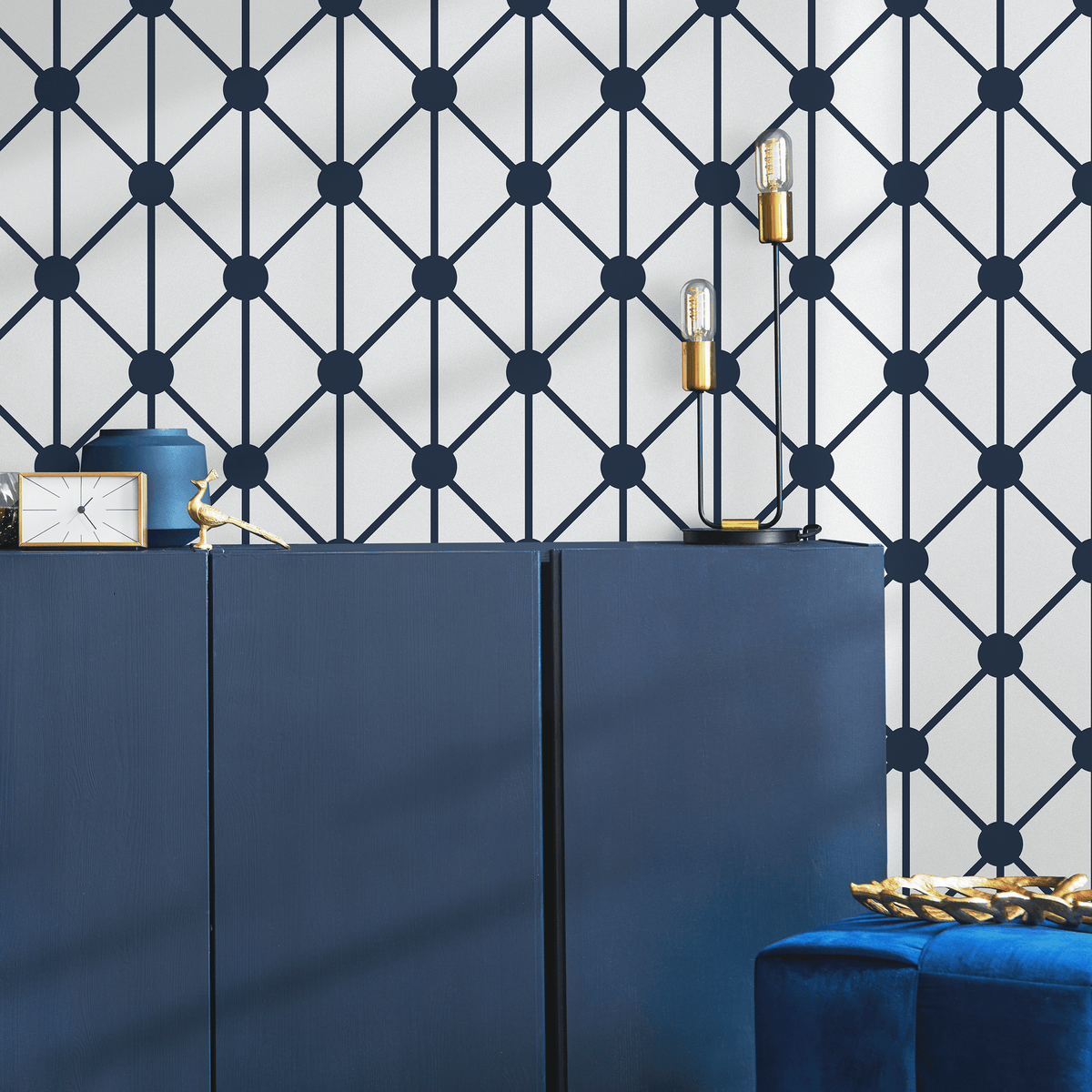 Geometric Wallpaper with a Connecting Dot Grid in Dark Blue and White - detail view