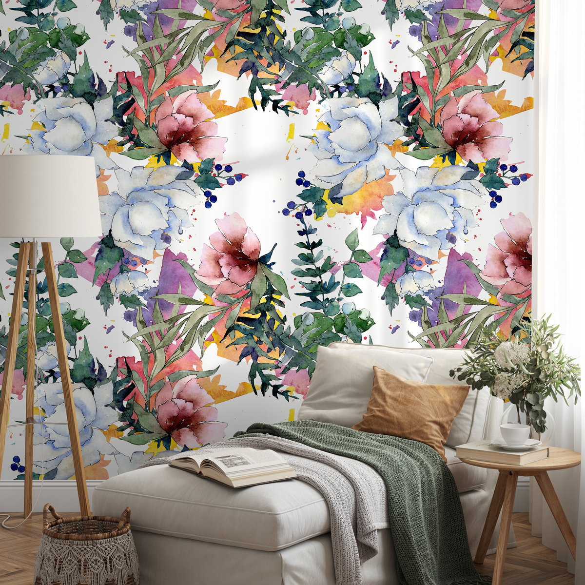 Floral Wallpaper with a Watercolor Peony Bouquet in Pink, Blue, and Green - detail view