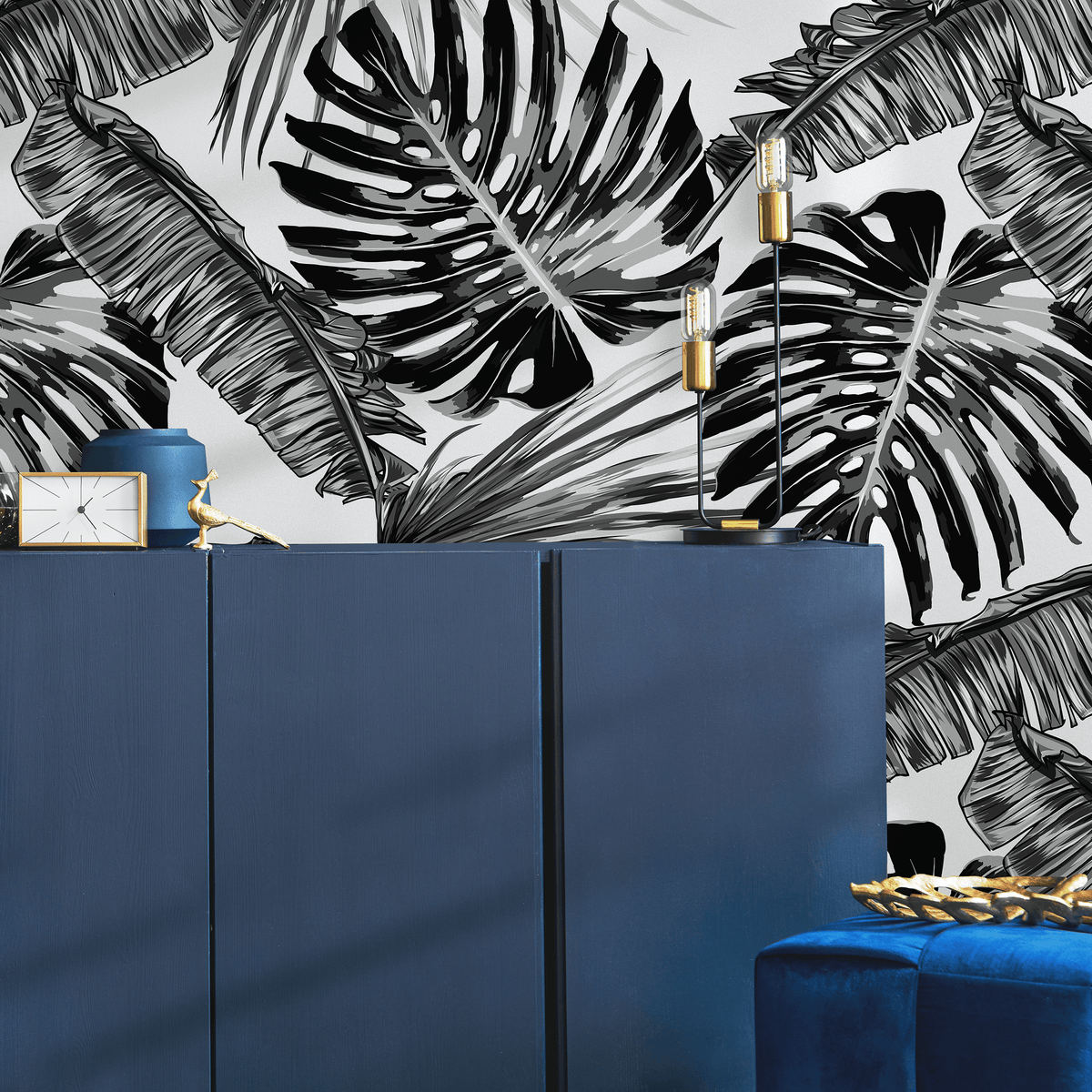 Botanical Wallpaper with Large-Scale Monstera Leaves in Black and White - detail view