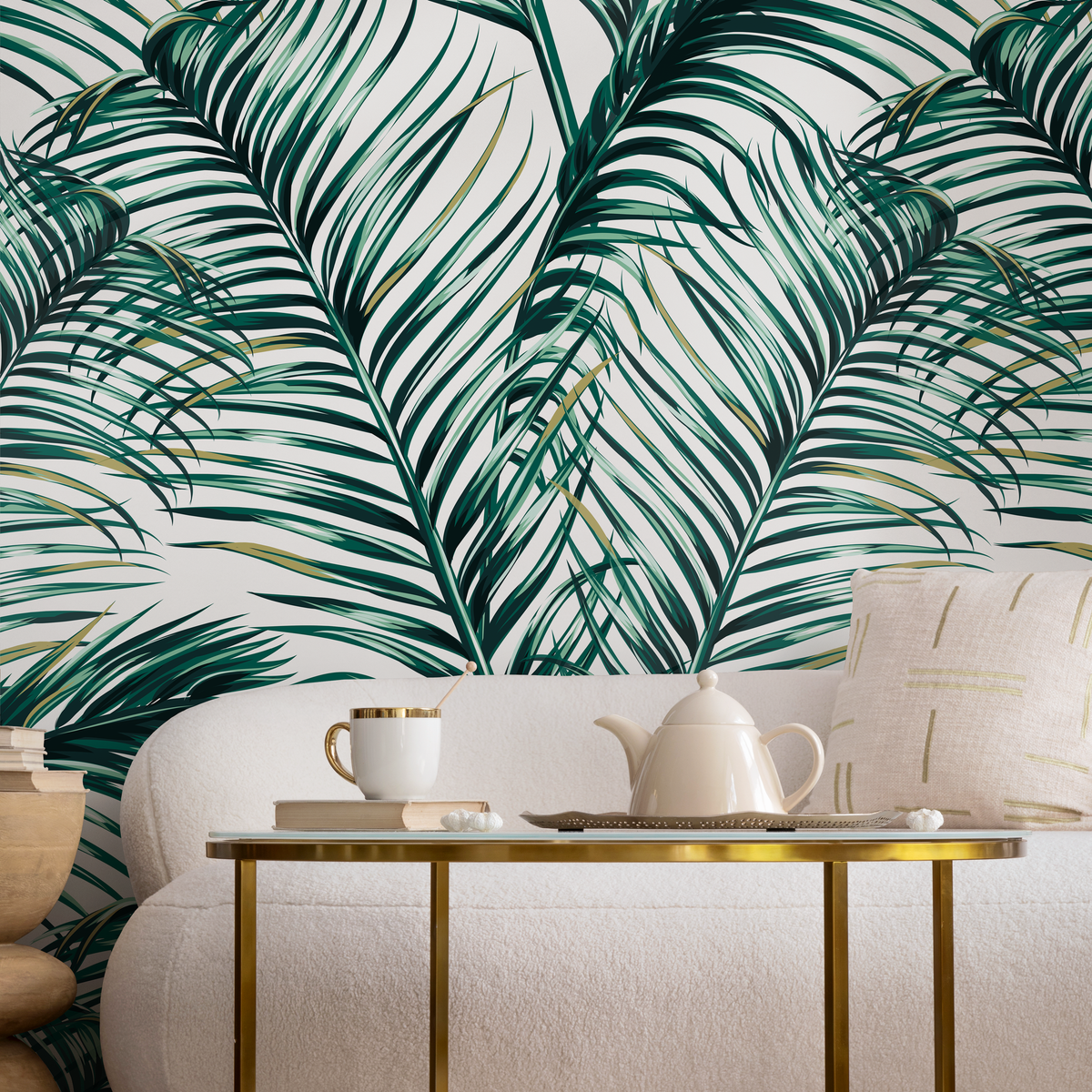 Tropical Wallpaper with Overlapping Palm Leaves in Green and Khaki - detail view