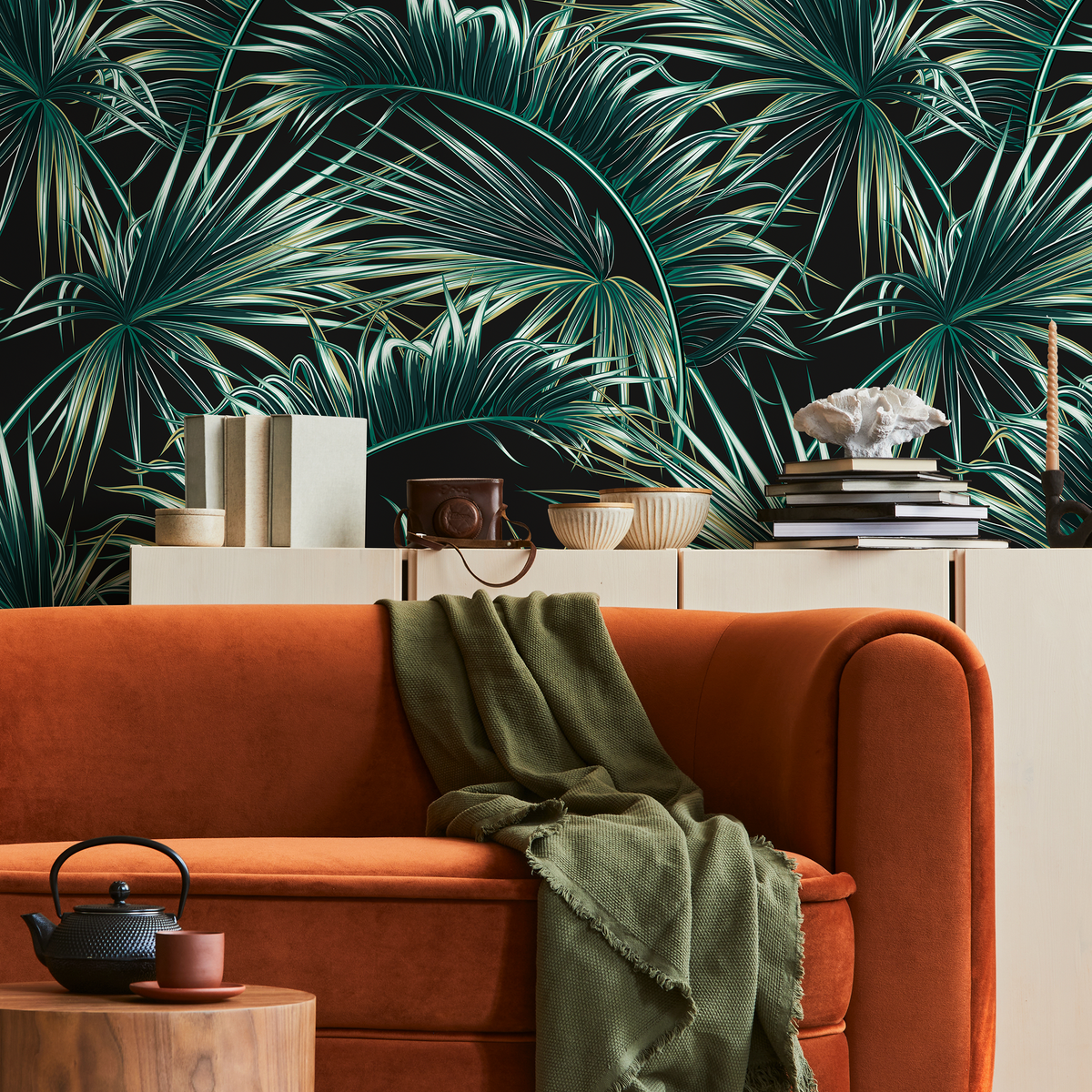 Botanical Wallpaper with Lush Palm Fronds in Green and Black - detail view