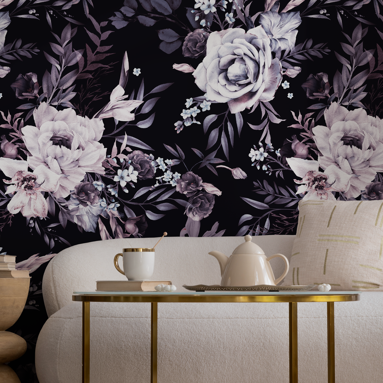 Floral Wallpaper with Moody Roses and Peonies in Black and Purple - B216