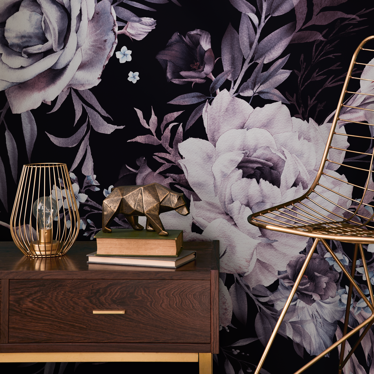 Floral Wallpaper with Moody Roses and Peonies in Black and Purple - B216