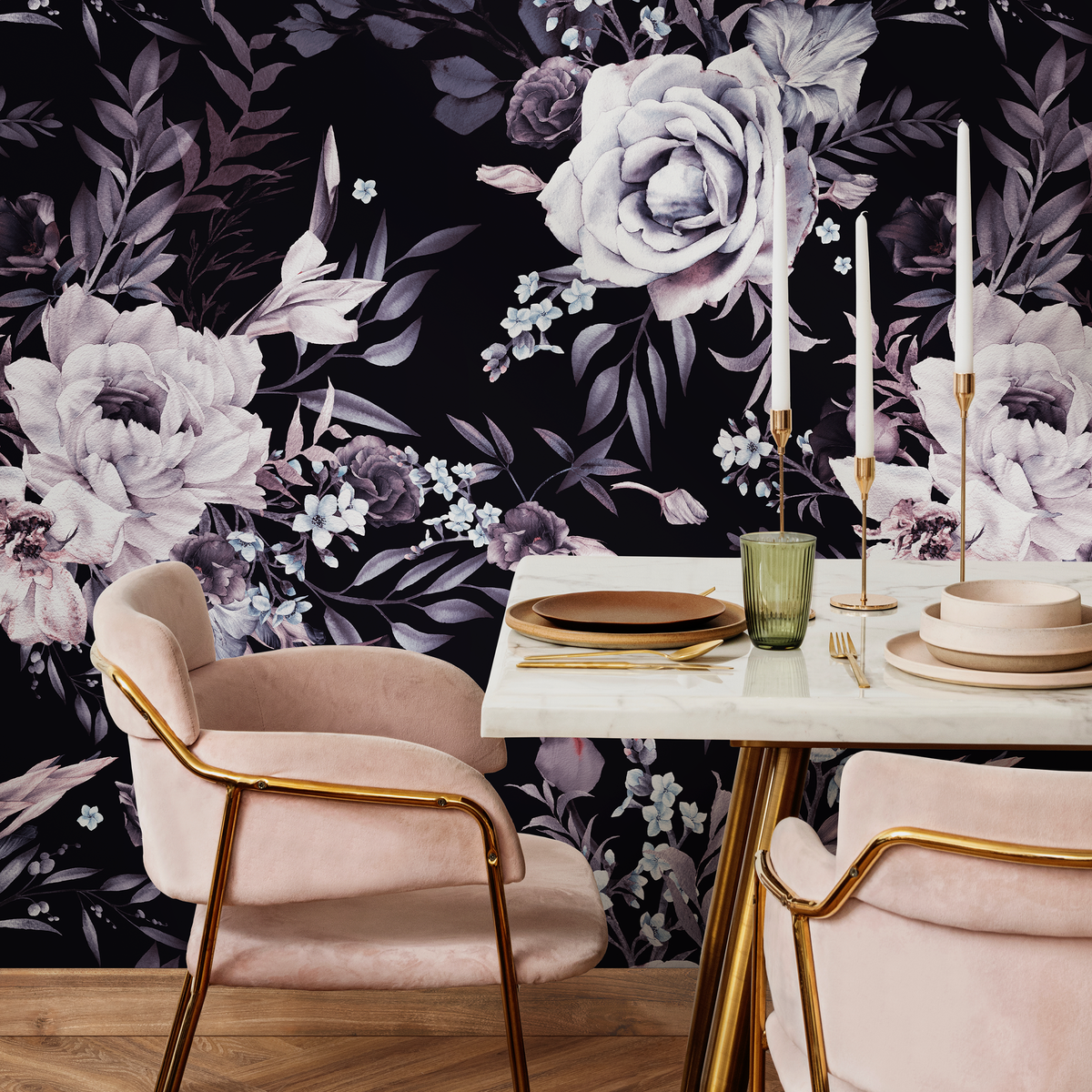 Floral Wallpaper with Moody Roses and Peonies in Black and Purple - detail view
