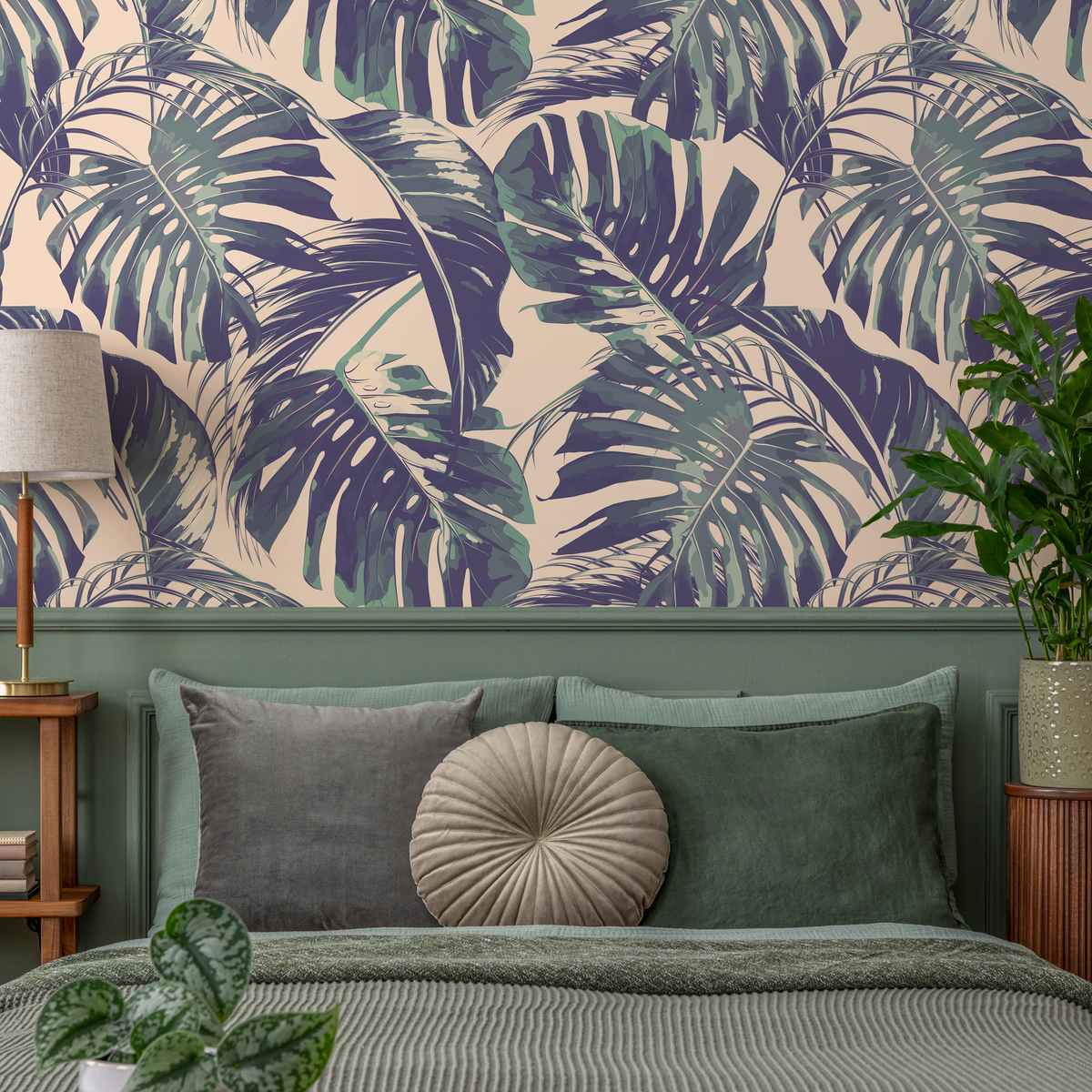 Tropical Wallpaper with Monstera Leaves in Purple, Green, and Beige - detail view