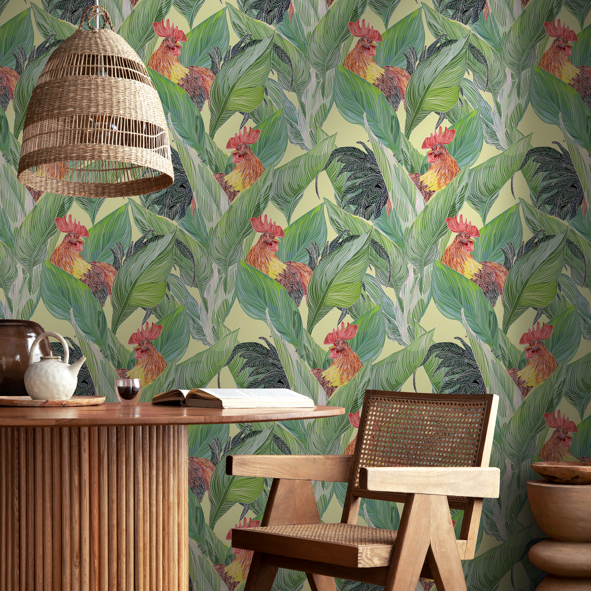 Animal Wallpaper Featuring Jungle Roosters in Green, Red, and Yellow - detail view