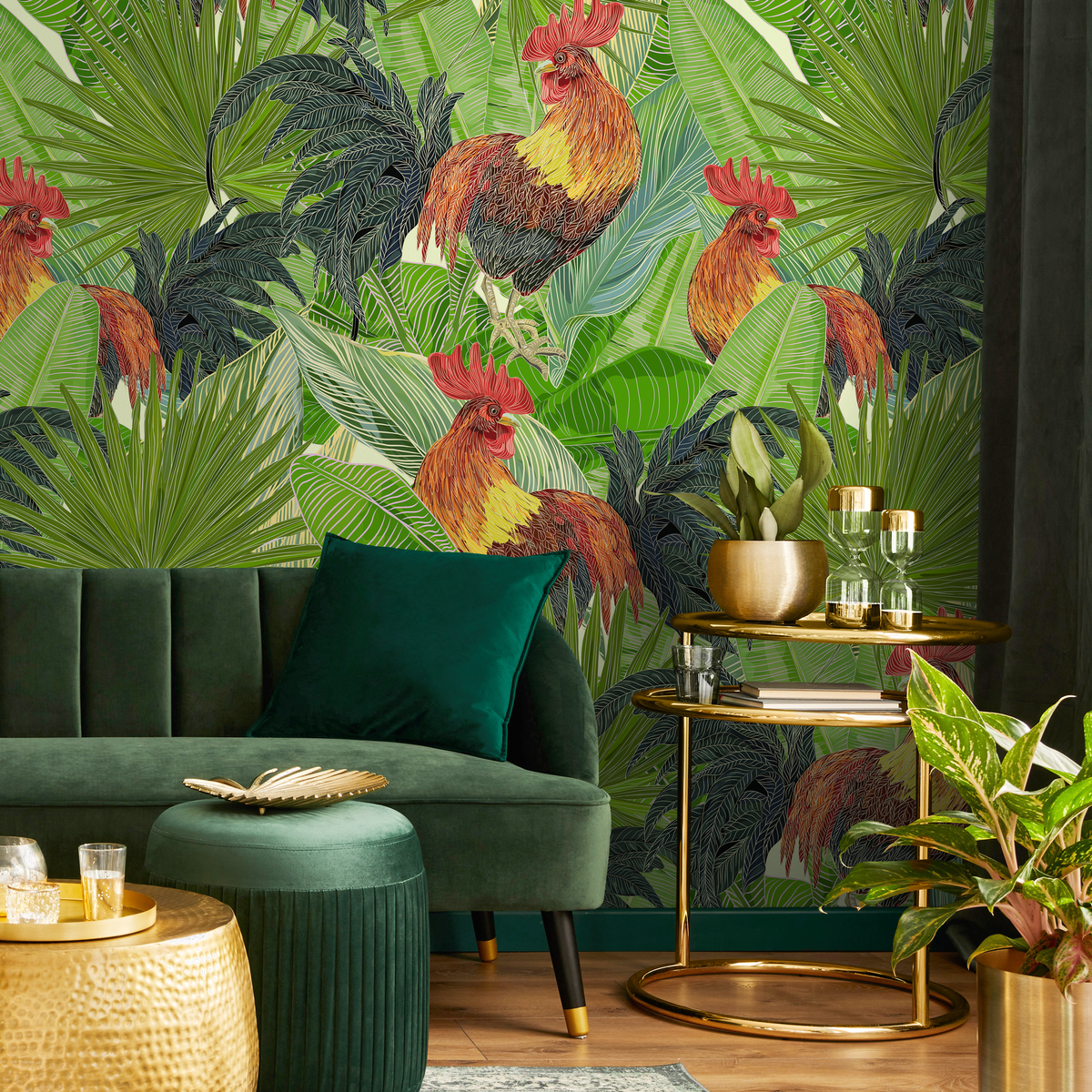 Tropical Wallpaper with Roosters and Palm Leaves in Green and Red - detail view