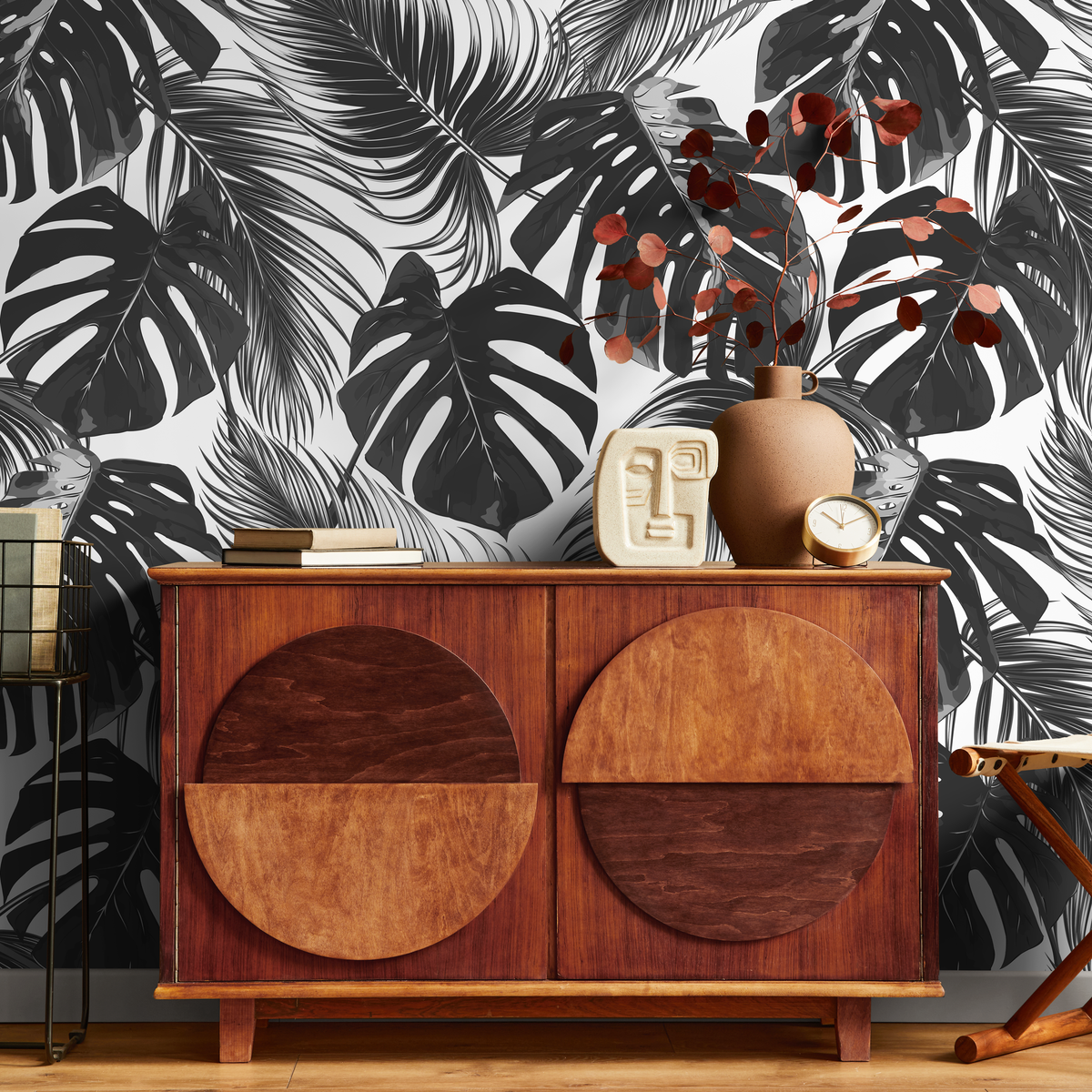 Botanical Wallpaper with Monstera and Palm Leaves in Dark Gray and White - detail view