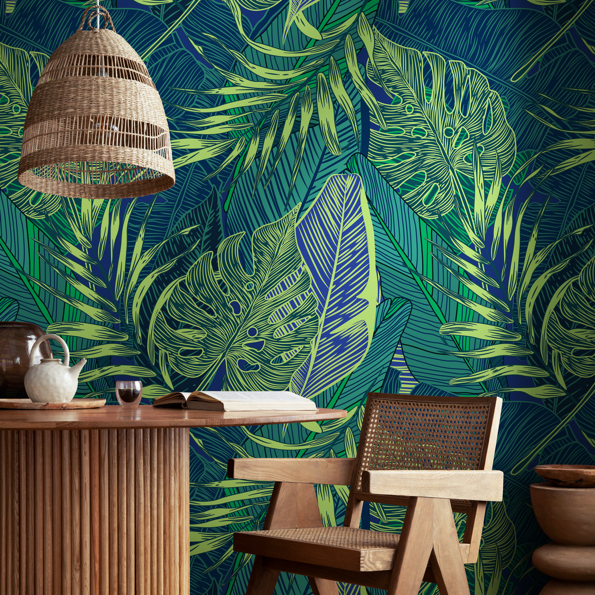 Botanical Wallpaper with a Graphic Jungle Leaf Motif in Green and Blue - detail view