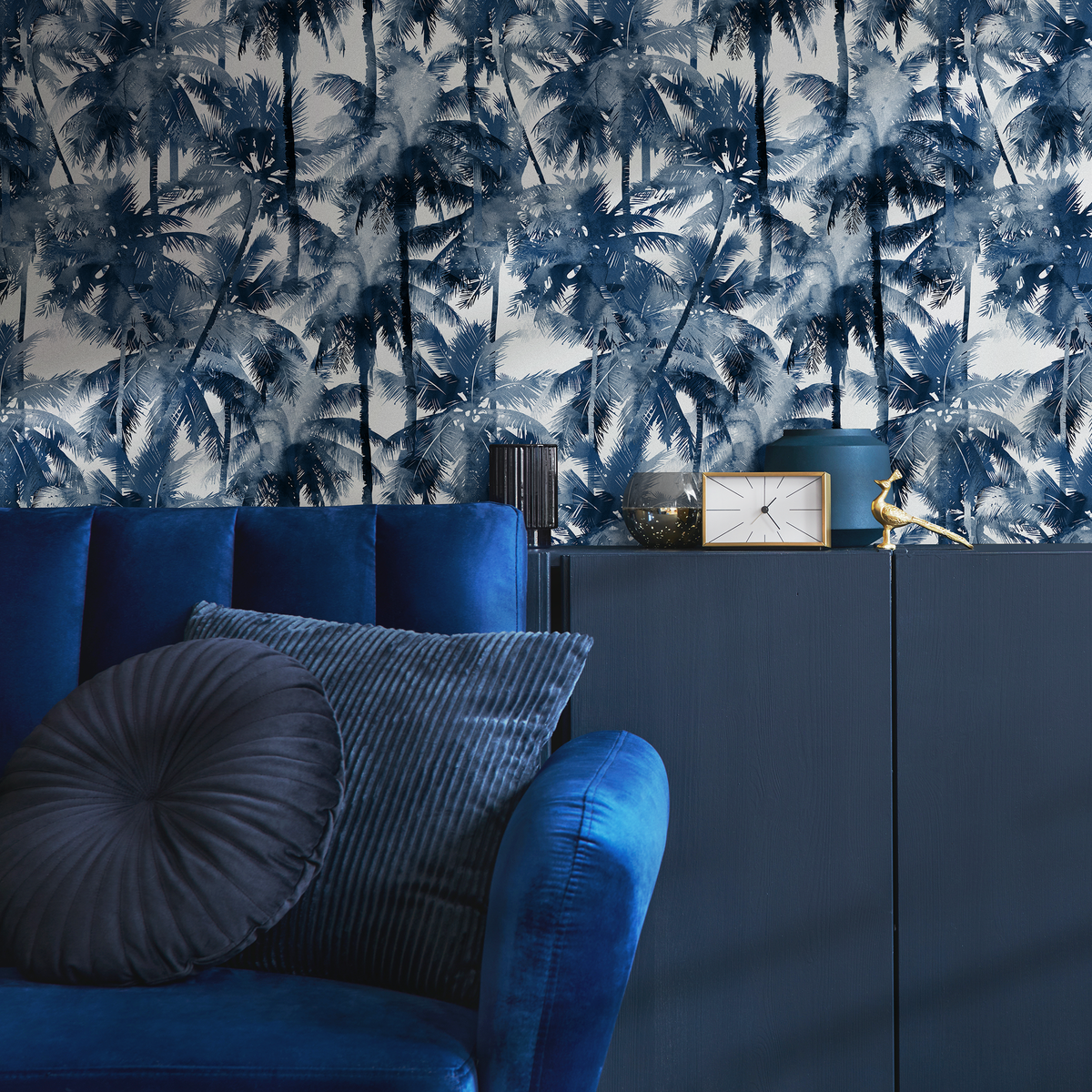 Botanical Wallpaper with a Watercolor Palm Trees in Navy Blue - detail view