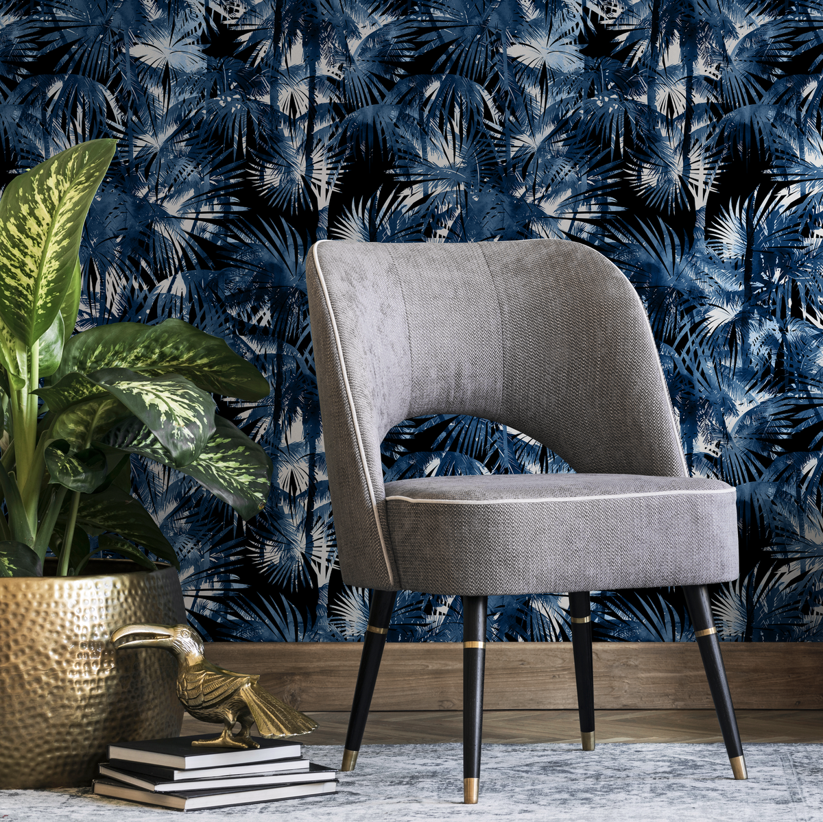 Coastal Wallpaper with Layered Palm Fronds in Navy Blue and Black - detail view