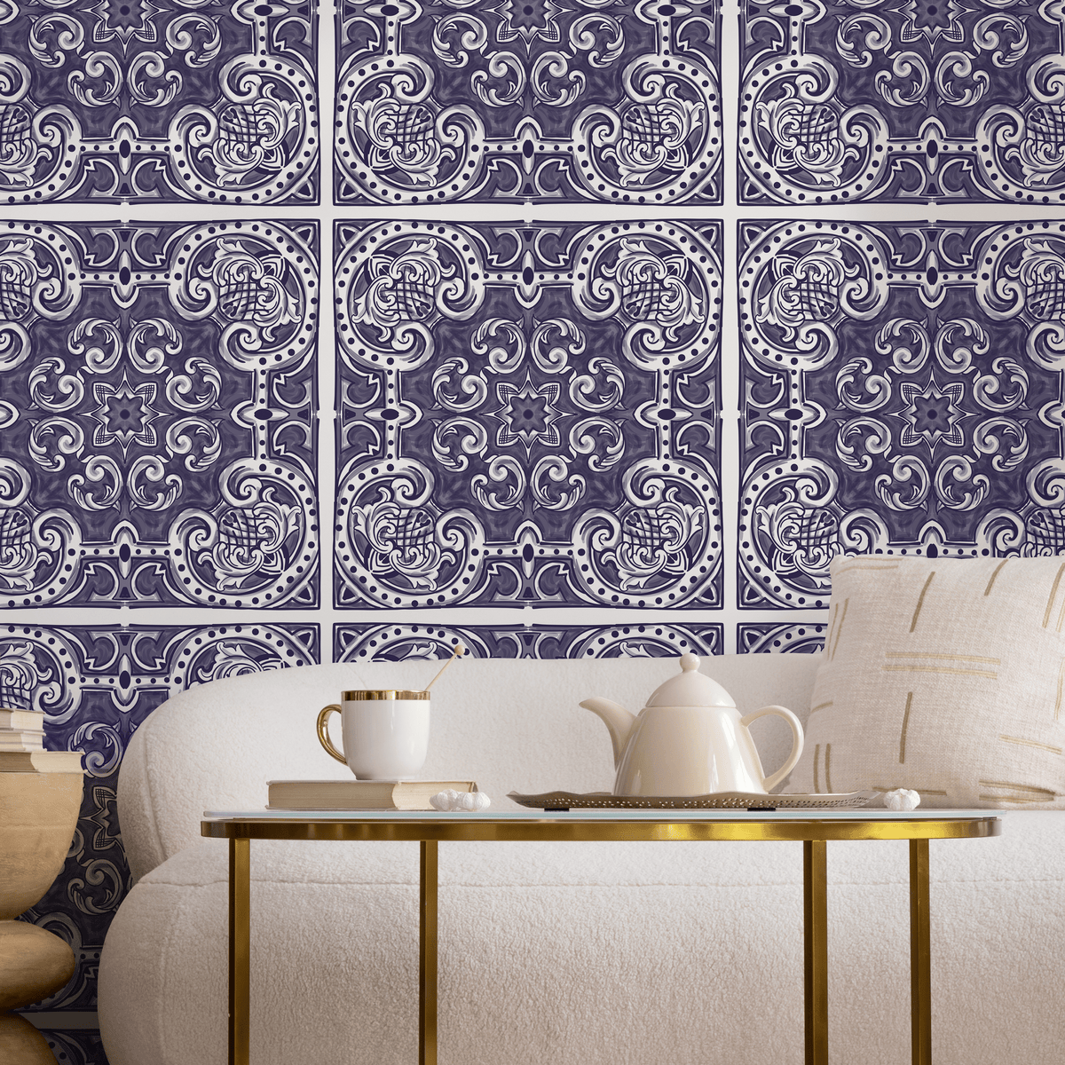 Tile Wallpaper with an Ornate Azulejo Motif in Muted Plum and White - detail view