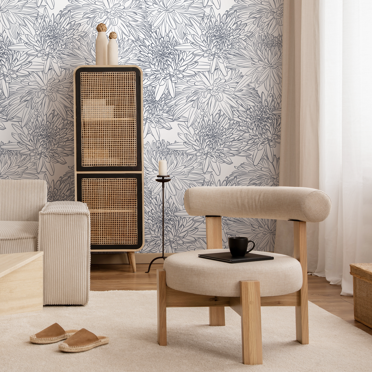 Floral Wallpaper with Hand-Drawn Chrysanthemums in Blue - detail view