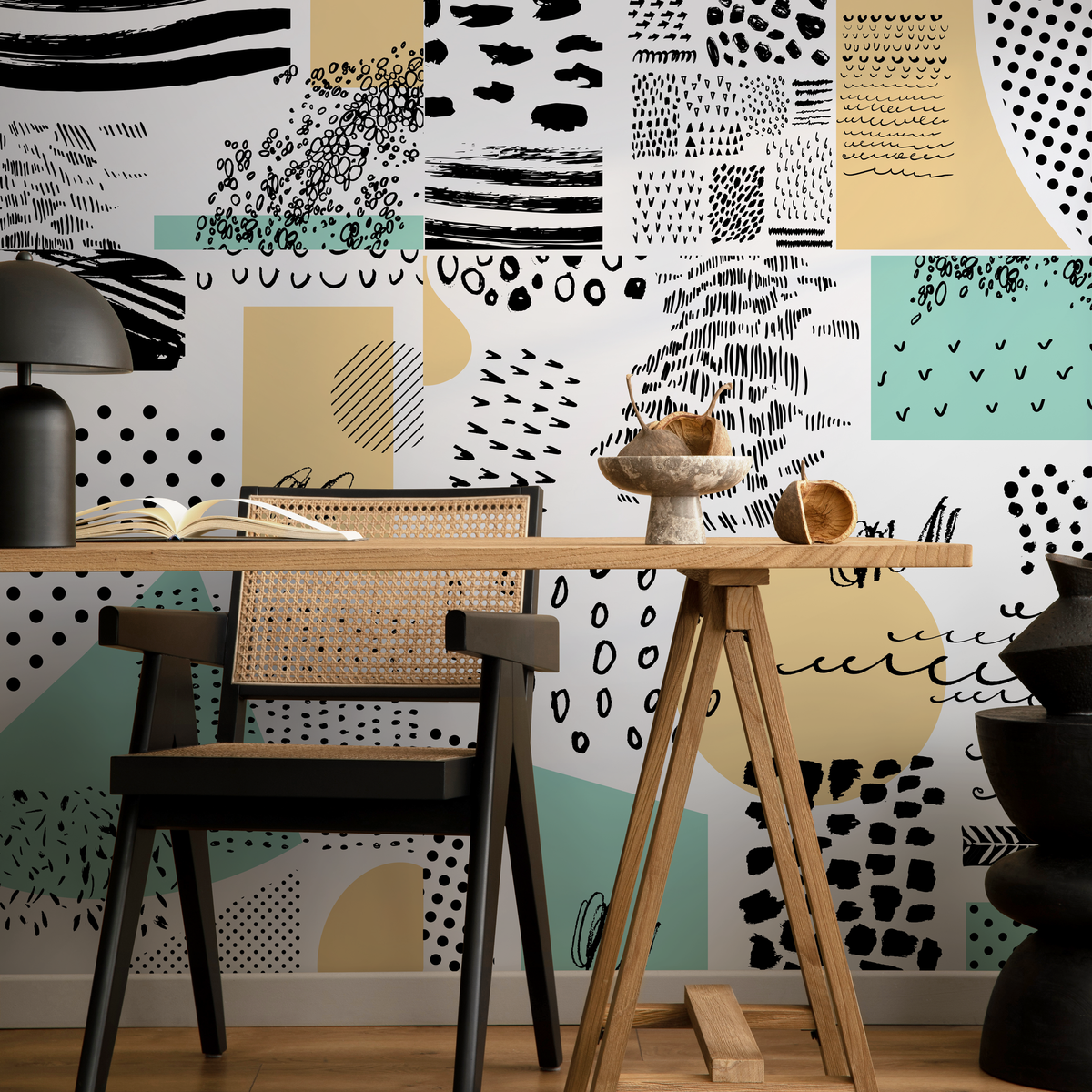 Abstract Wallpaper with a Modern Patchwork Motif in Black, Yellow, and Mint Green - detail view