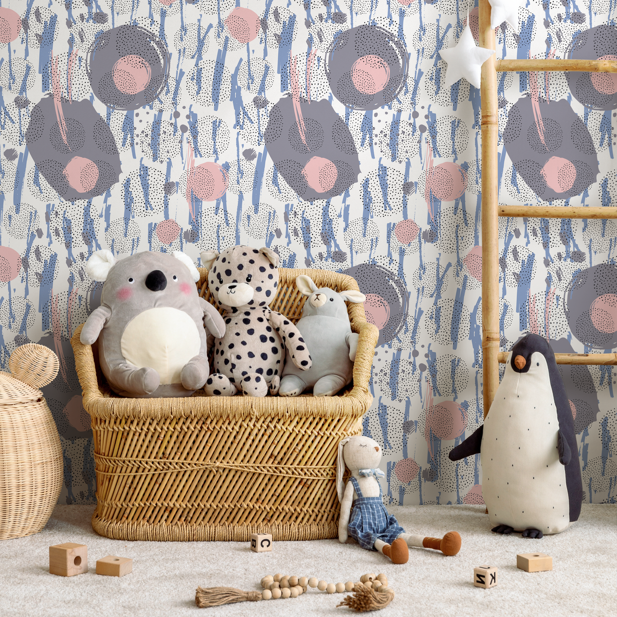 Abstract Wallpaper with Painted Circles and Brush Strokes in Blue, Pink, and Soft Lilac - detail view