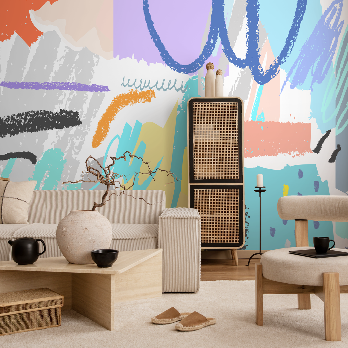 Abstract Wallpaper with Bold Brush Strokes in Blue, Pink, and Teal - detail view