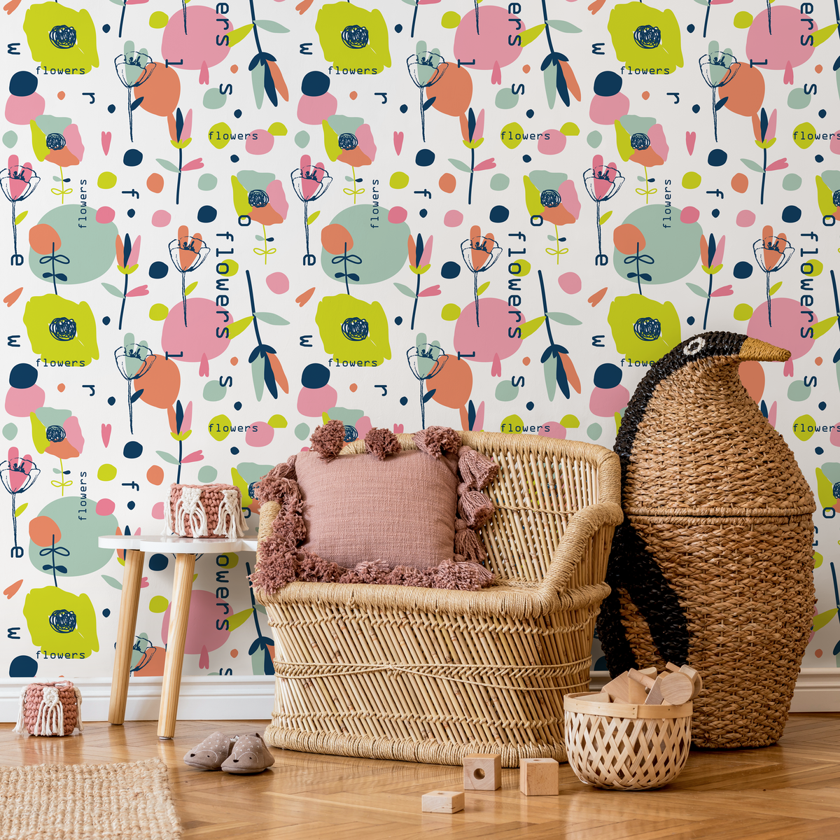 Floral Wallpaper with Abstract Flowers in Pink, Blue, and Green - detail view