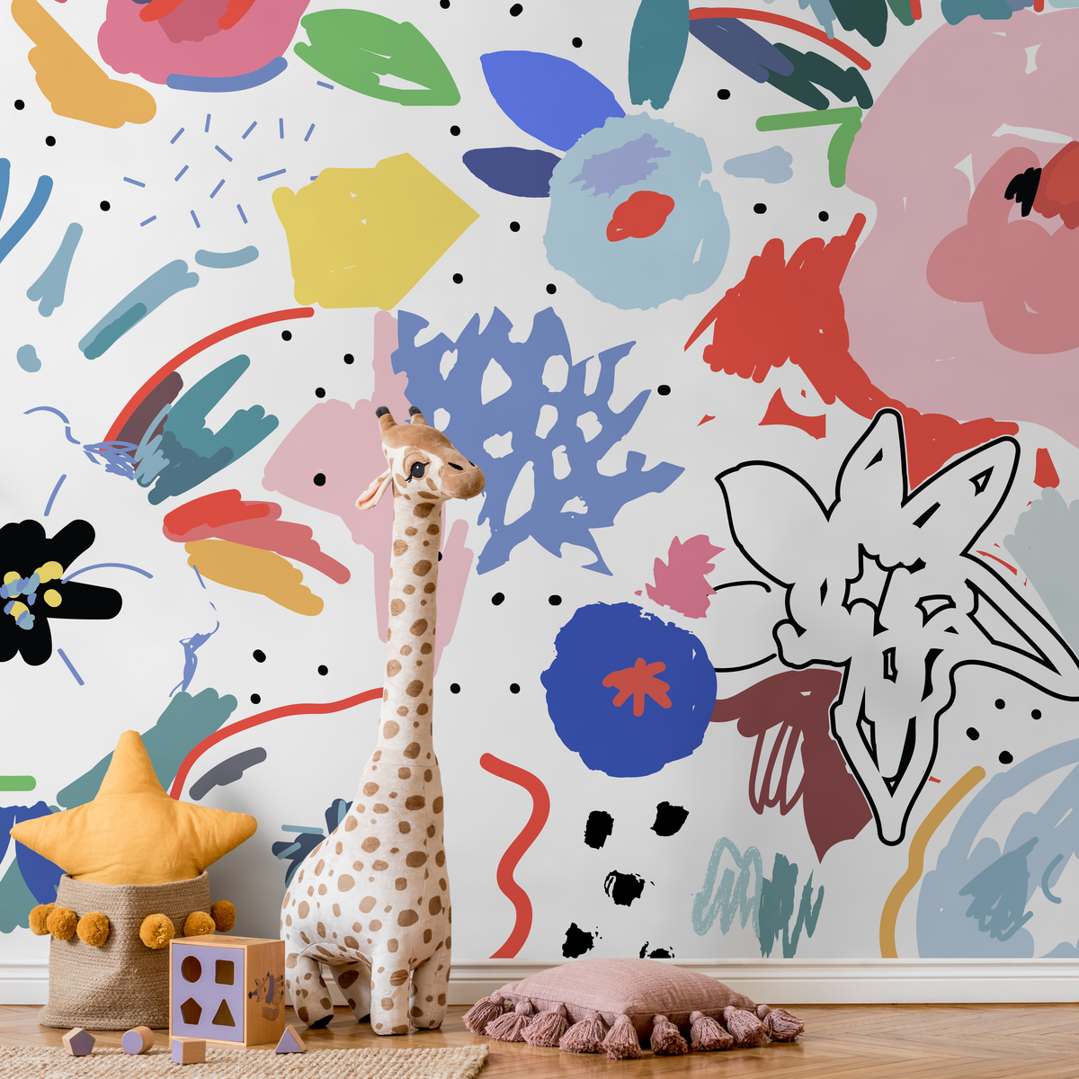 Abstract Wallpaper with Painterly Florals in Pink, Blue, and Red - detail view