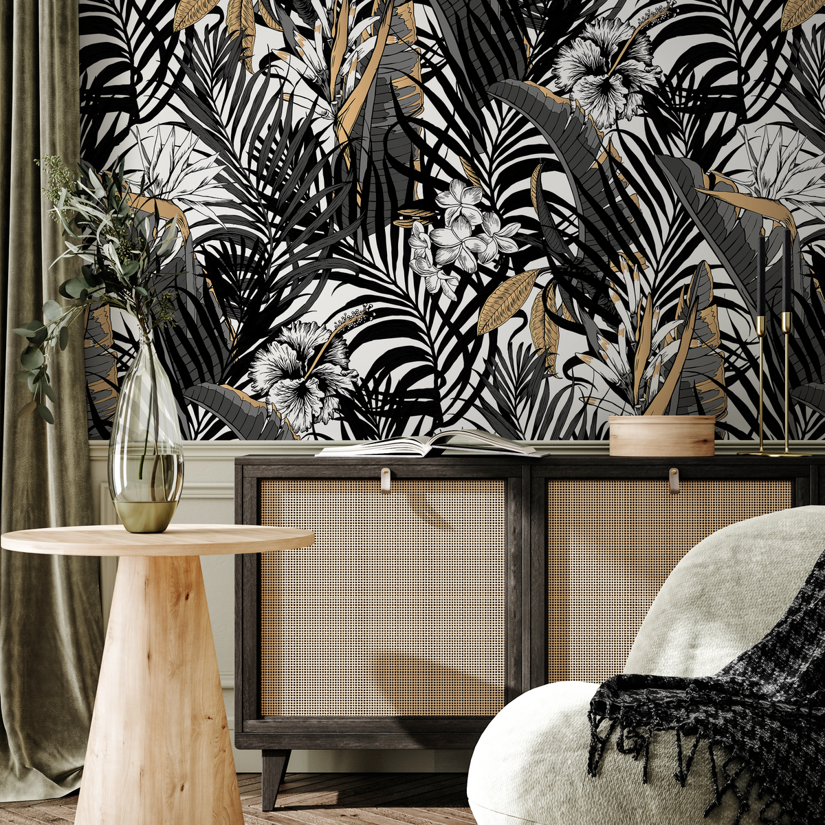 Tropical Wallpaper with Jungle Leaves and Hibiscus in Black and Gold - detail view