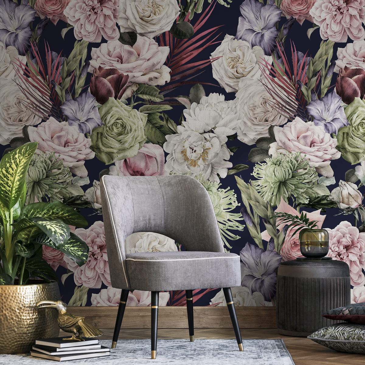 Floral Wallpaper with a Dramatic Bouquet of Roses in Dark Blue, Pink, and Green - detail view