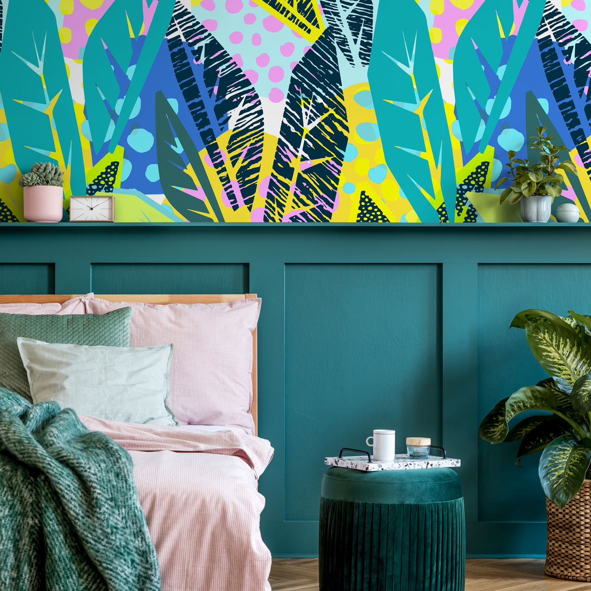 Abstract Botanical Wallpaper with a Colorful Leaf Collage in Yellow, Blue, and Pink - detail view