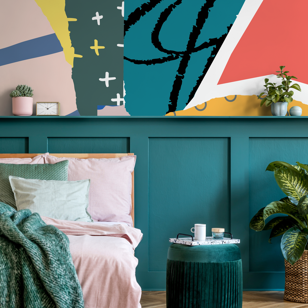 Abstract Wallpaper with a Modern Collage Motif in Red, Blue, and Yellow - detail view