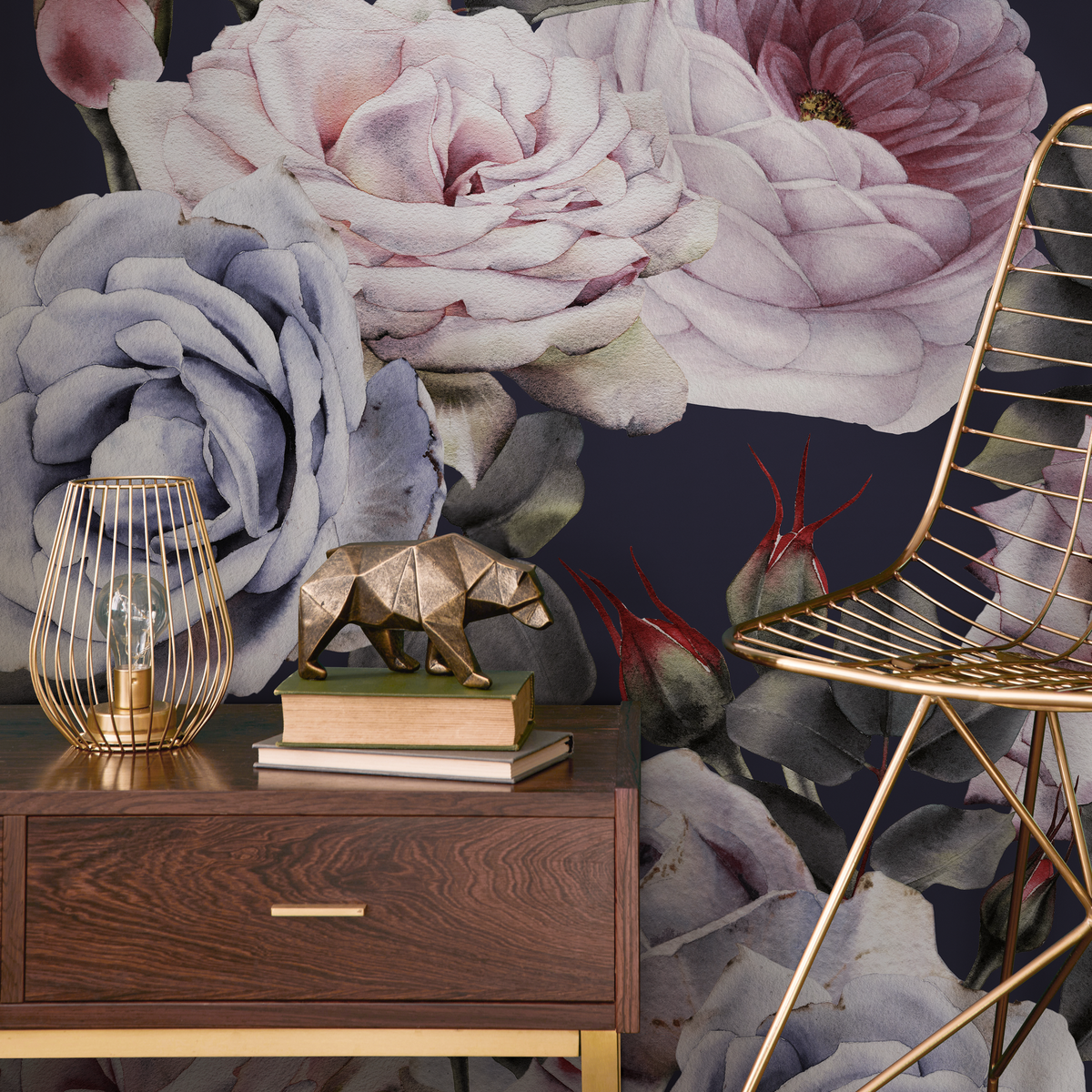 Vintage Wallpaper with a Dark Floral Rose Motif in Pink and Blue - detail view