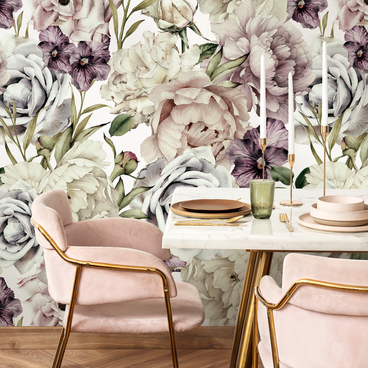 Floral Wallpaper with Vintage Peonies and Roses in Mauve and Purple - detail view