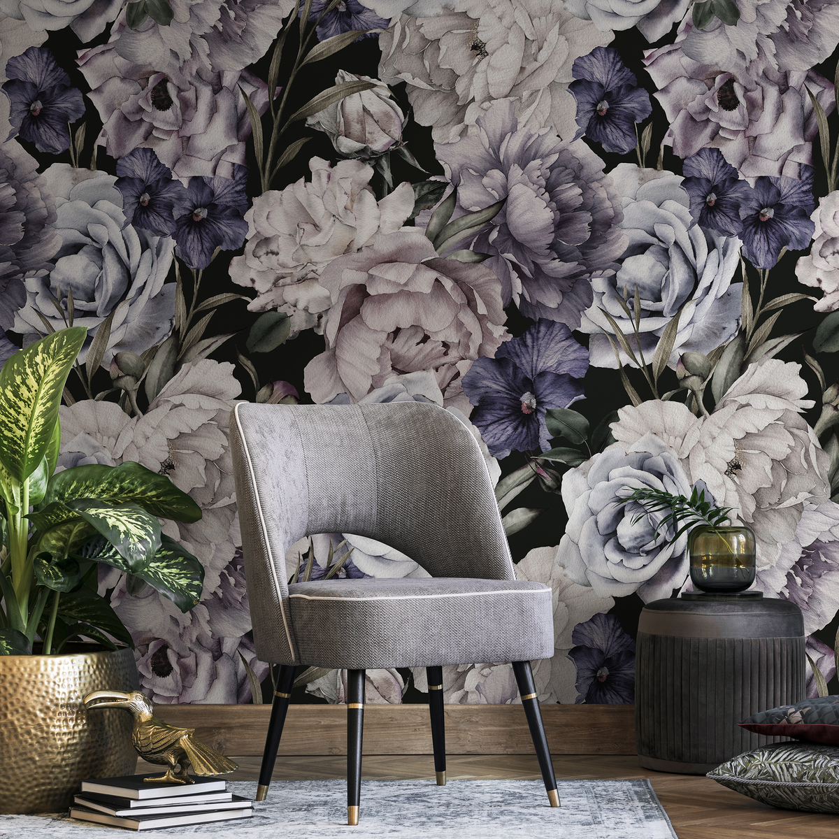 Floral Wallpaper with Vintage Peonies and Roses in Purple, Green, and Black - detail view