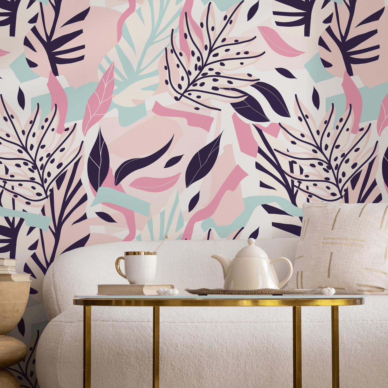 Botanical Wallpaper with Stylized Leaves in Pink, Blue, and Purple - B188