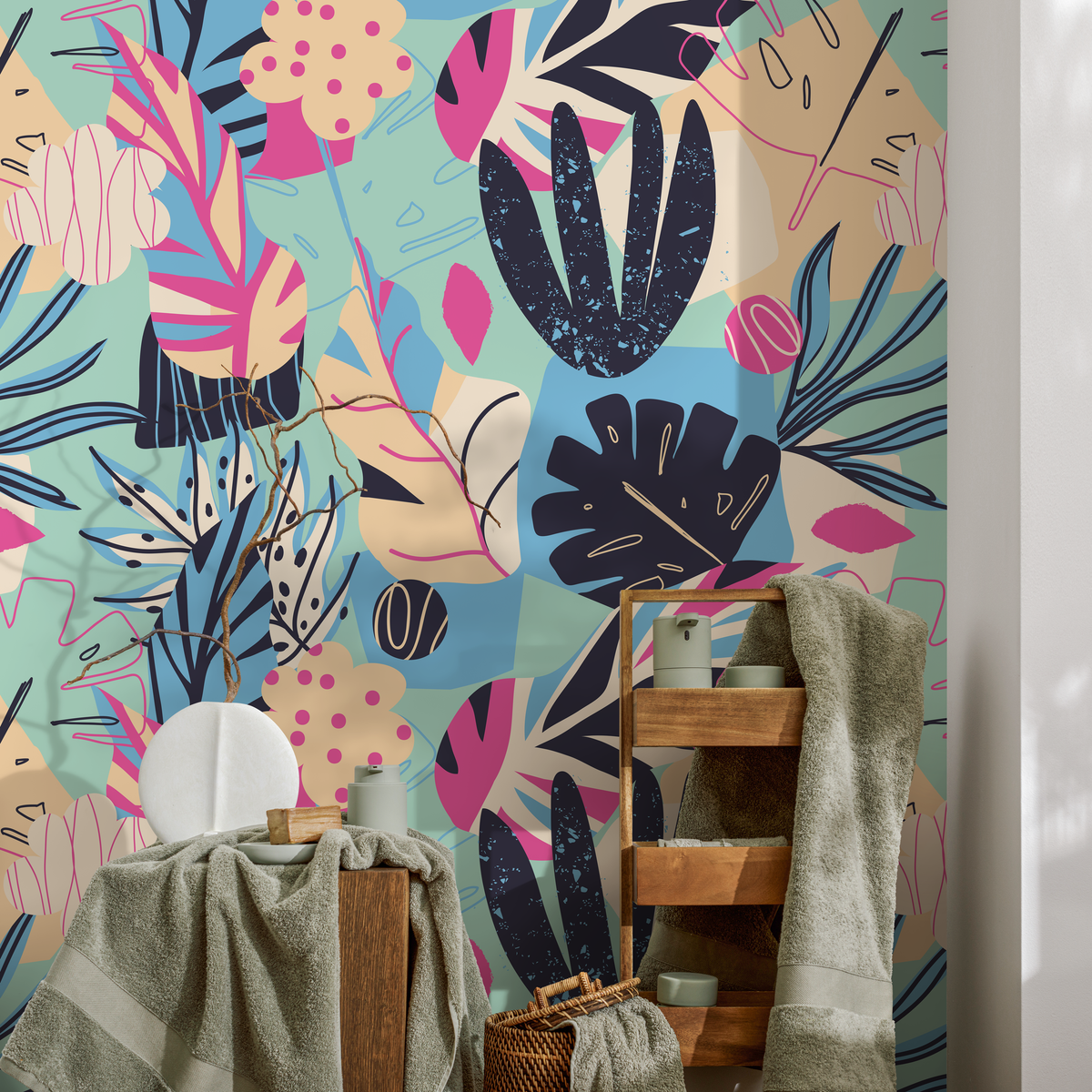 Abstract Wallpaper with Colorful Botanical Leaves in Blue, Pink, and Beige - detail view