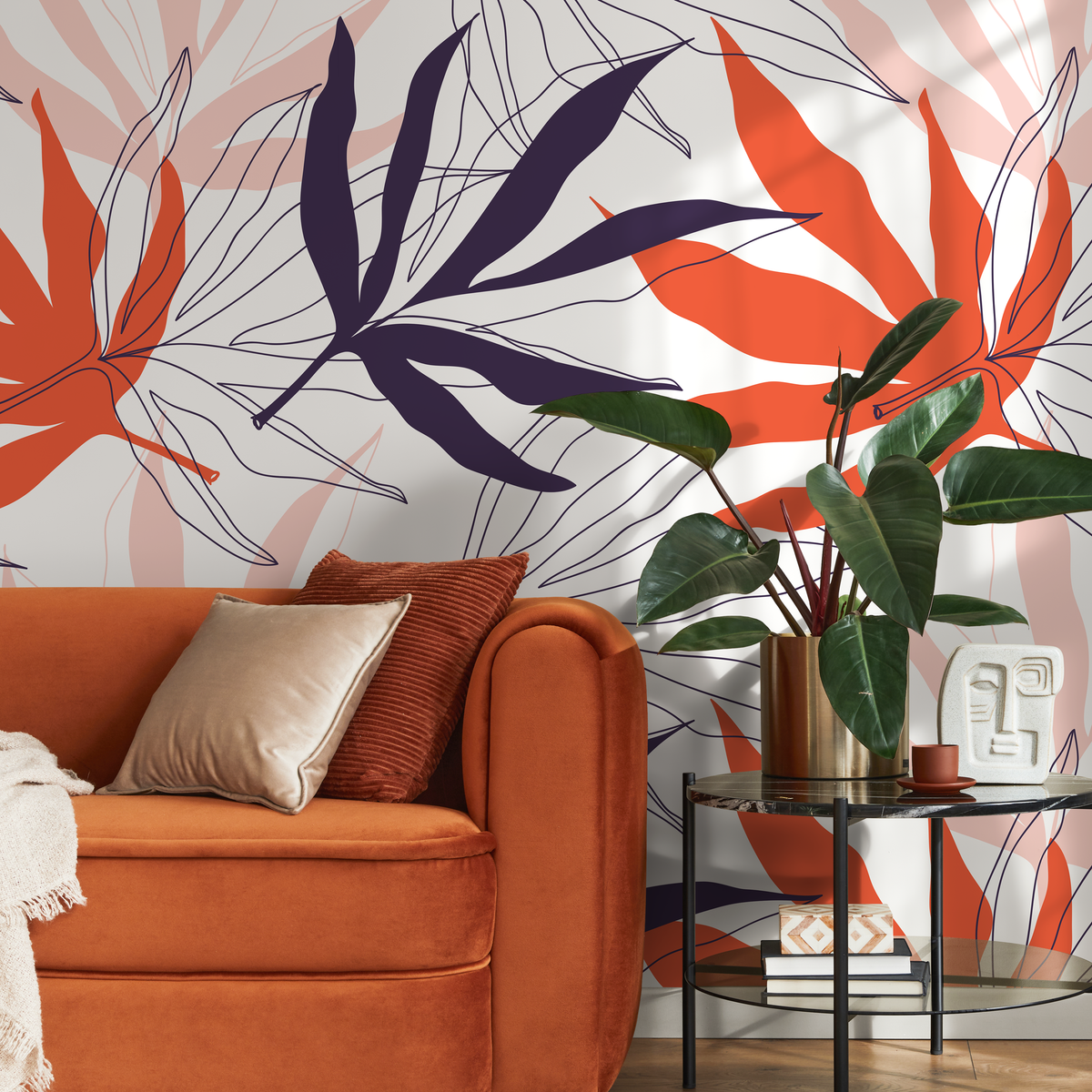 Botanical Wallpaper with Abstract Leaves in Purple and Orange - detail view