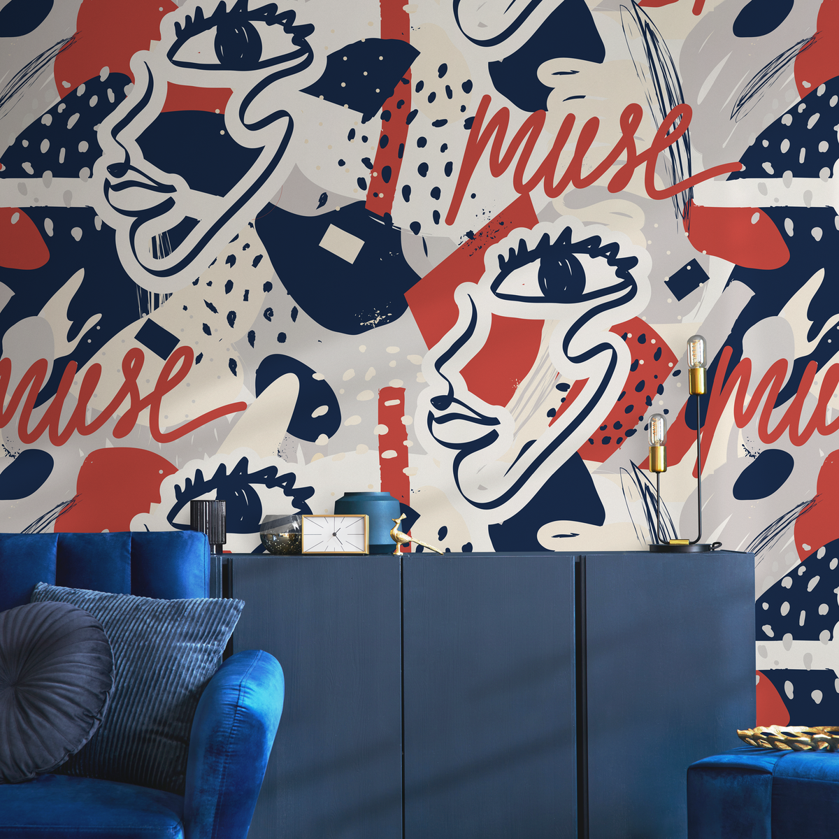 Abstract Wallpaper with Graffiti Script and Faces in Red, Blue, and Cream - detail view