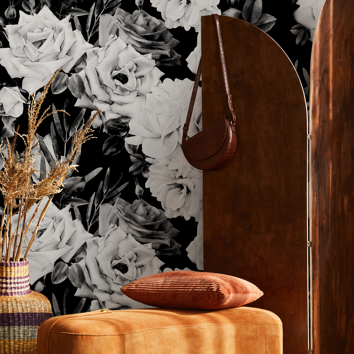 Floral Wallpaper with a Dramatic Rose Motif in Black and White - detail view