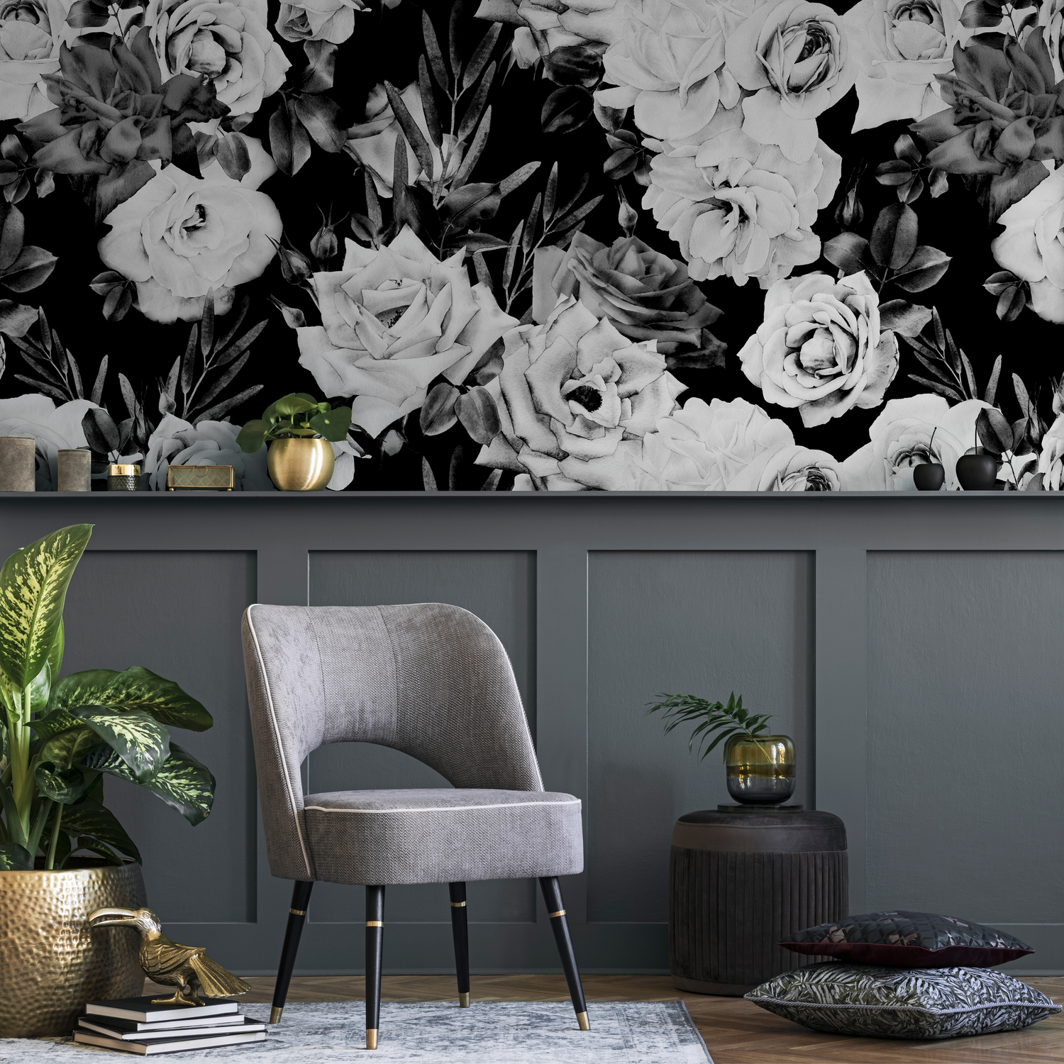 Papel pintado autoadhesivo, papel pintado extraíble, decoración del hogar, arte de pared, decoración de habitaciones / Papel pintado floral vintage negro - B192