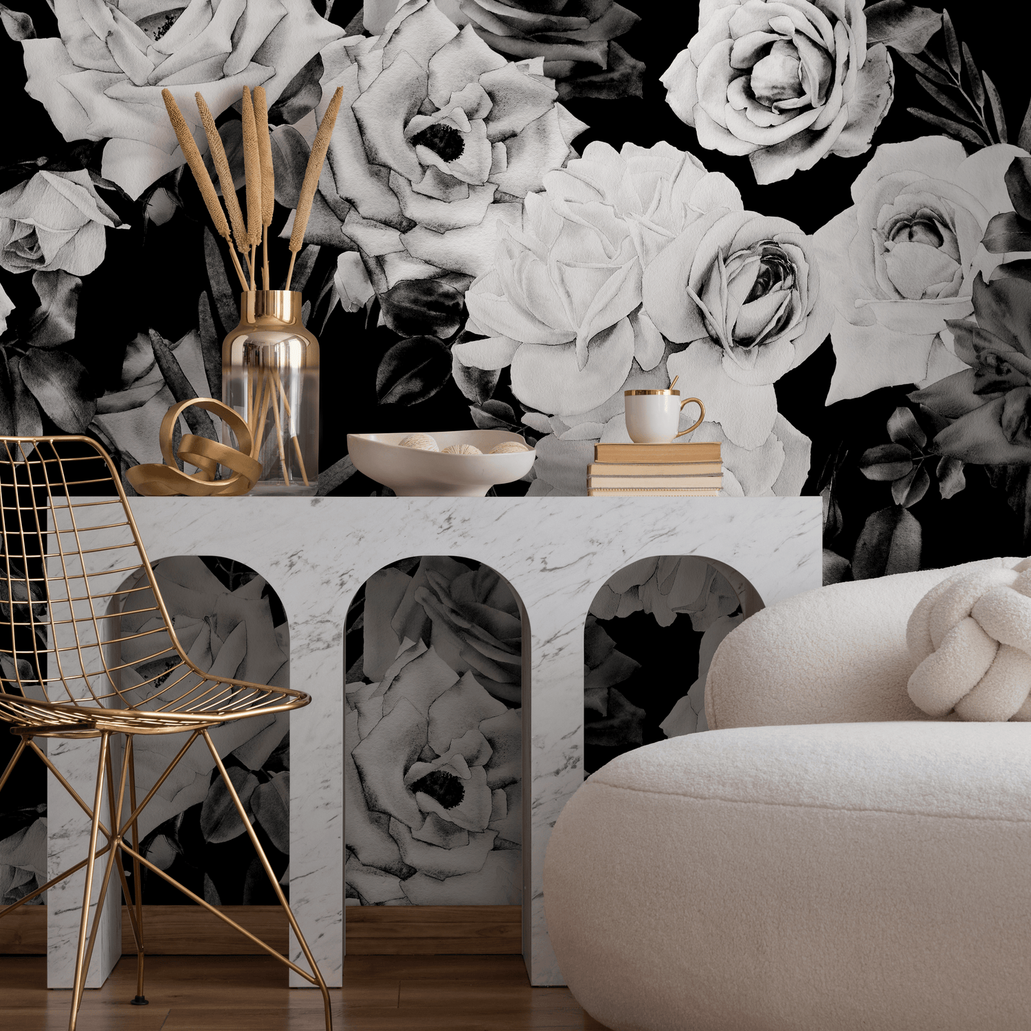 Papel pintado autoadhesivo, papel pintado extraíble, decoración del hogar, arte de pared, decoración de habitaciones / Papel pintado floral vintage negro - B192