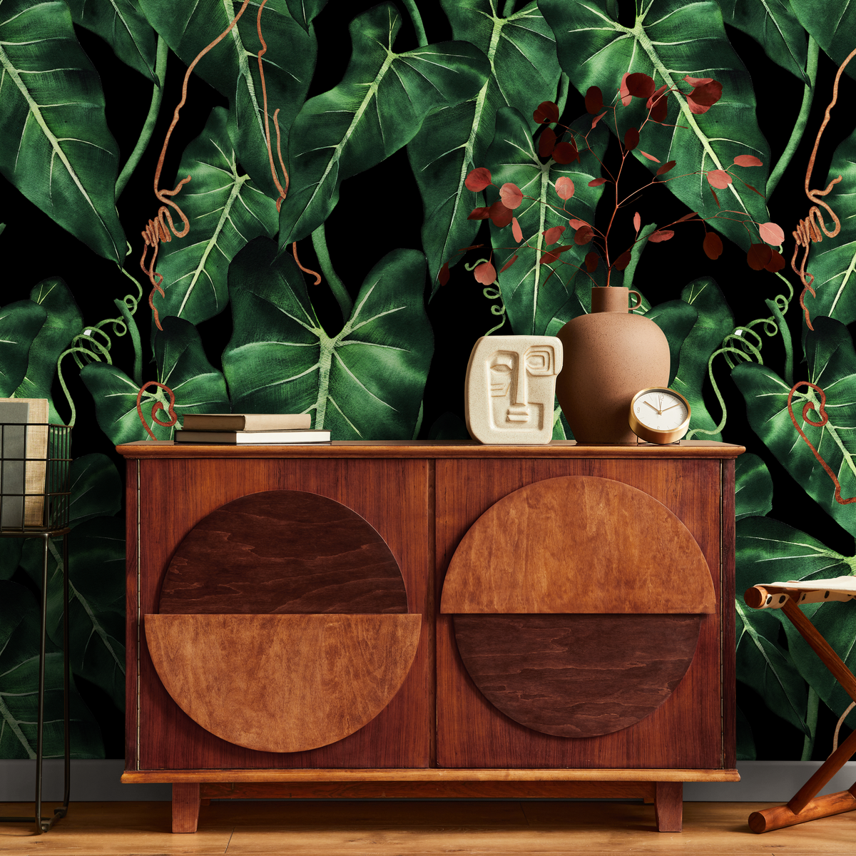Tropical Wallpaper with Philodendron Leaves in Green, Black, and Orange - detail view
