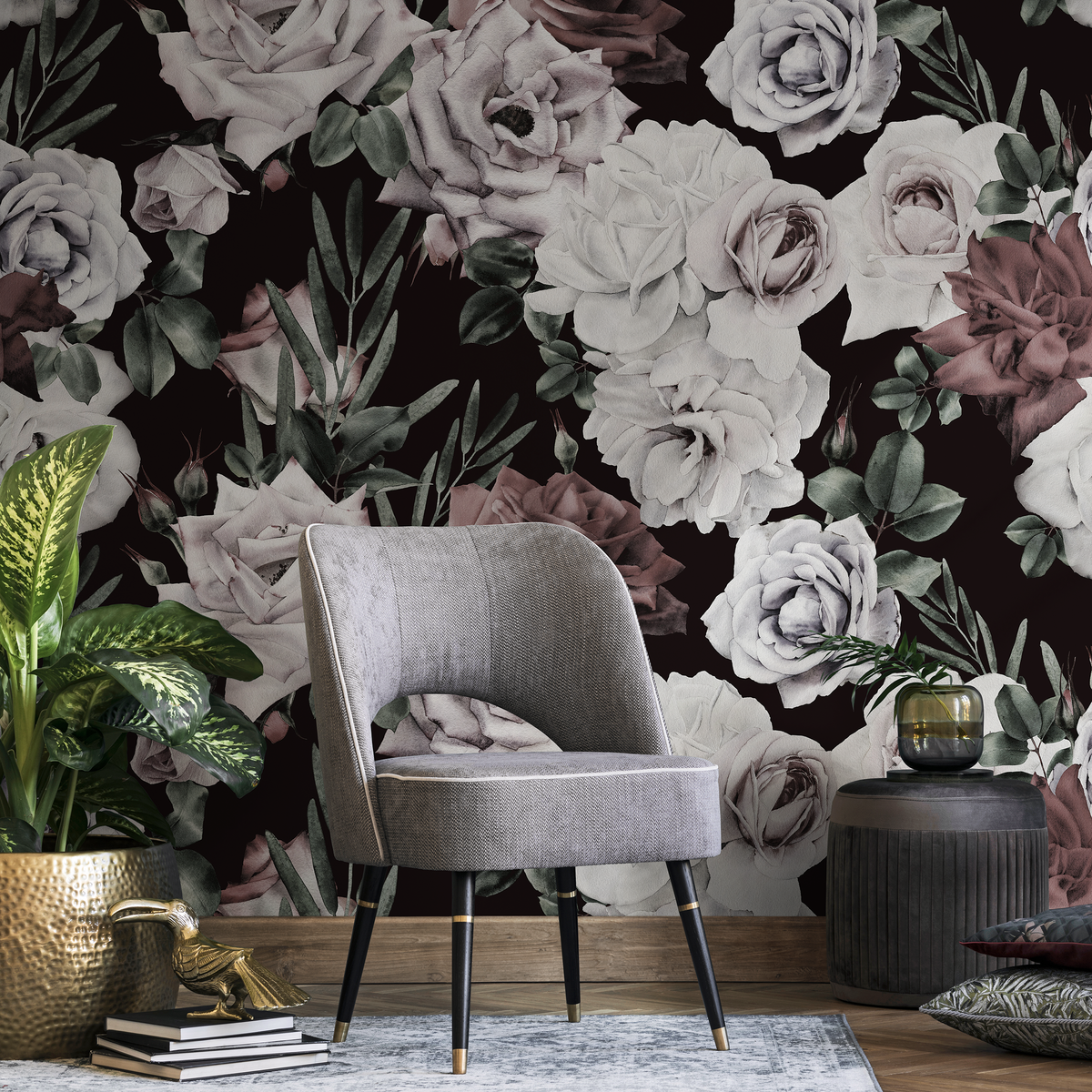Floral Wallpaper with Vintage Roses in Cream, Mauve, and Green - detail view