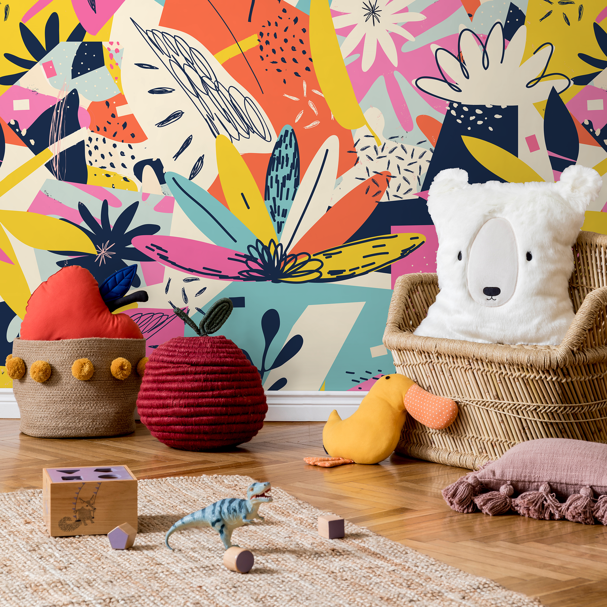 Abstract Wallpaper with a Colorful Collage of Shapes in Pink and Yellow - detail view