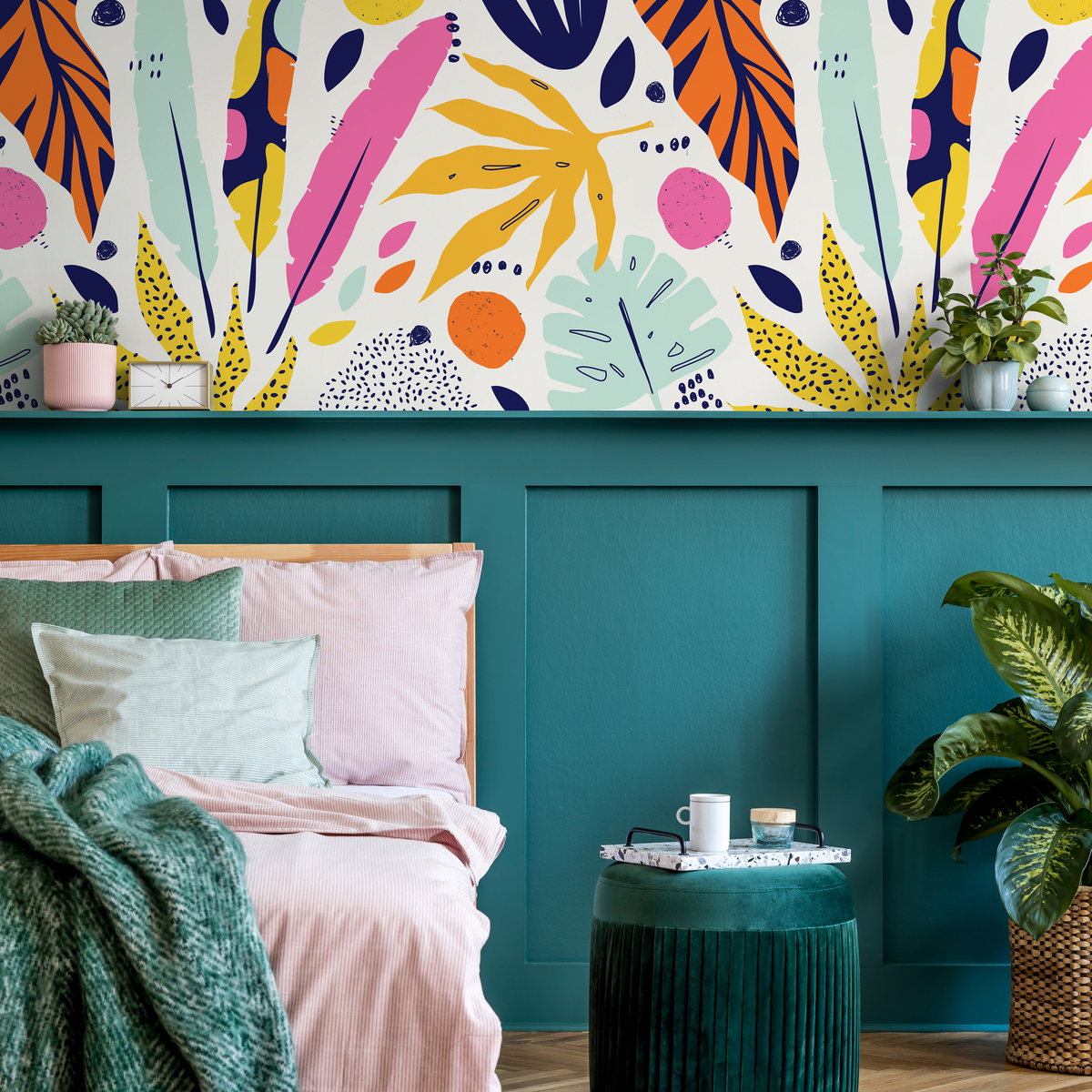 Abstract Wallpaper with a Tropical Leaf Collage in Yellow, Pink, and Blue - detail view