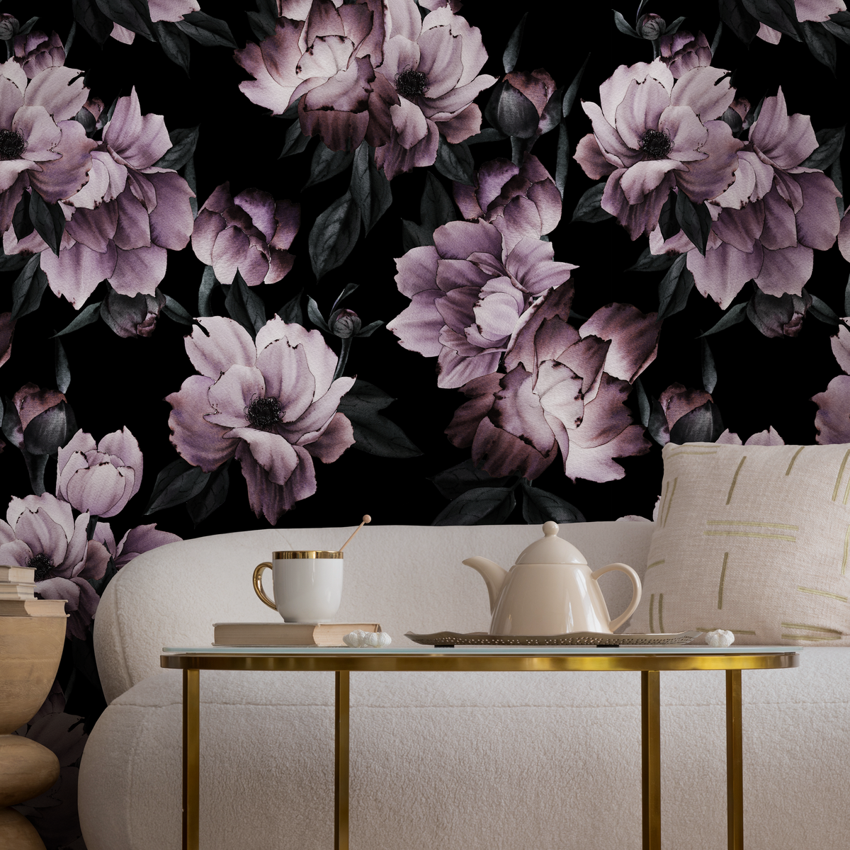 Floral Wallpaper with Large Moody Peonies in Purple and Black - detail view