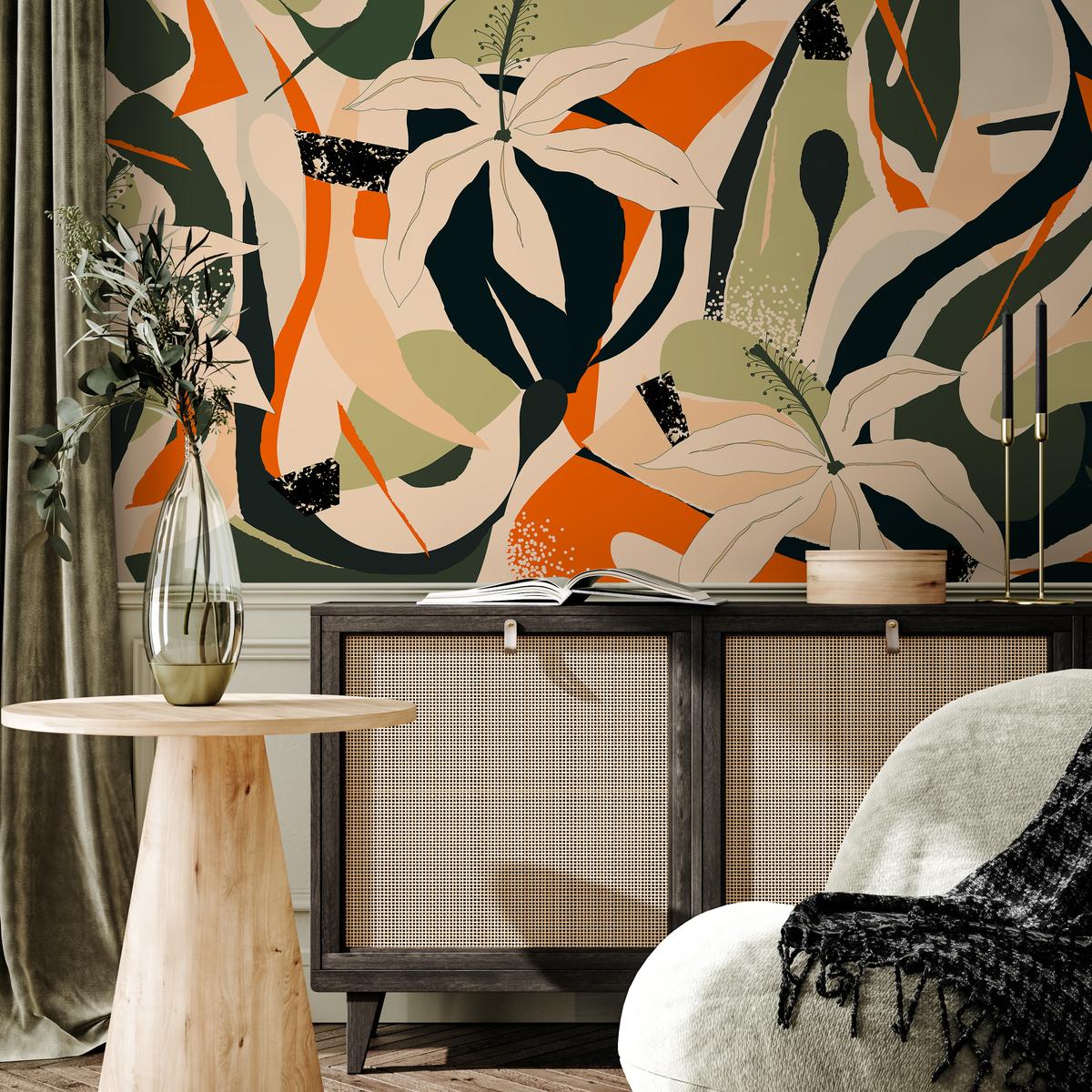 Tropical Wallpaper with an Abstract Floral Collage in Green, Orange, and Black - detail view