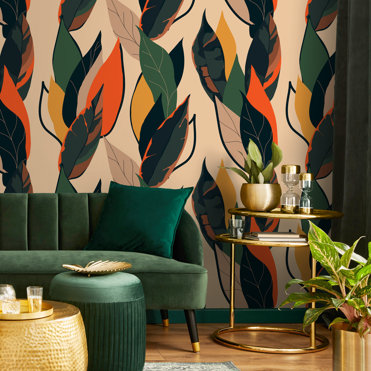 Botanical Wallpaper with Stylized Leaves in Green, Orange, and Yellow - detail view